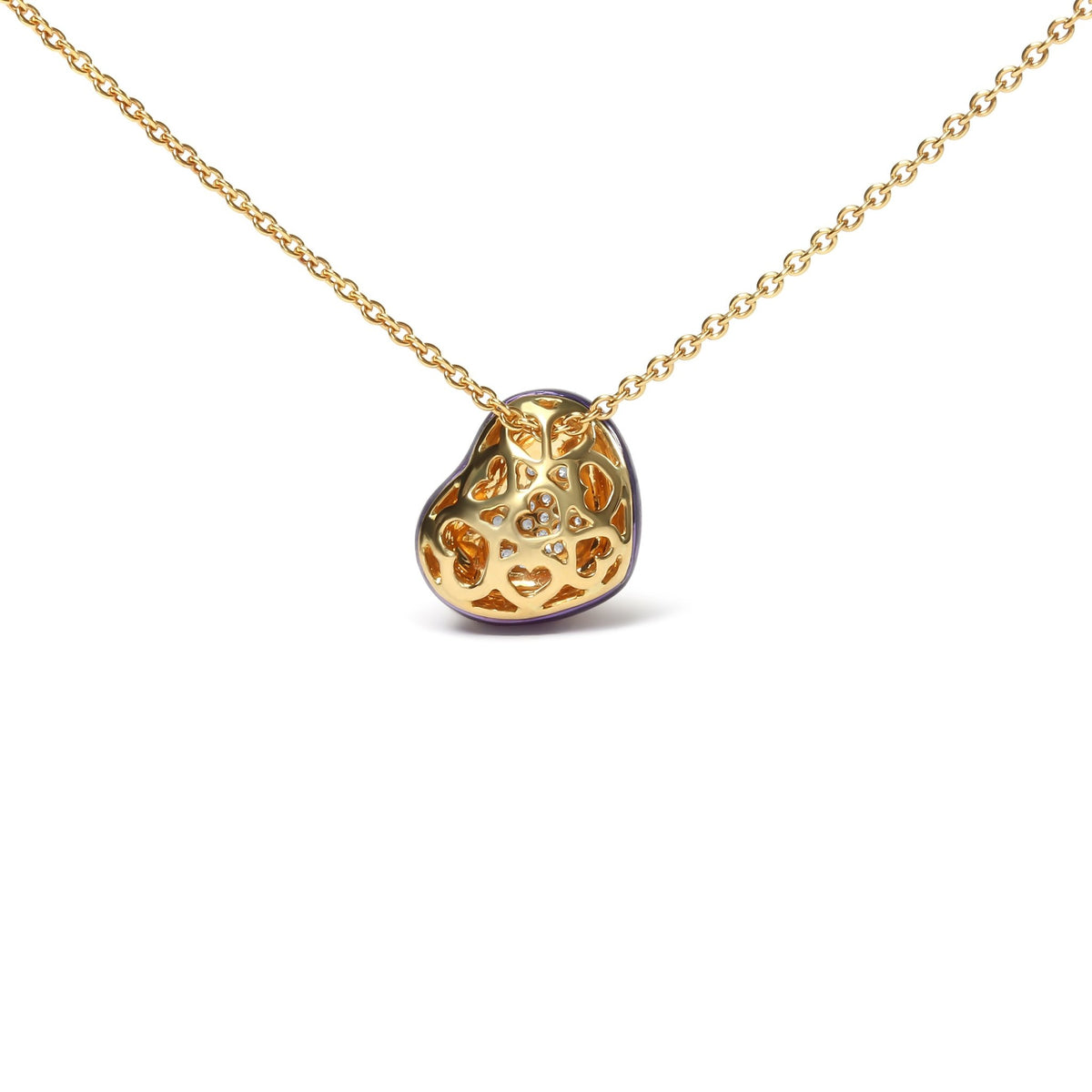 18K Yellow Gold Blue Enamel 1/10 Cttw Round Pave Diamonds Heart Shape 18&quot; Pendant Necklace (G-H Color, SI1-SI2 Clarity) - Adjustable up to 16&quot; - 18&quot; - LinkagejewelrydesignLinkagejewelrydesign