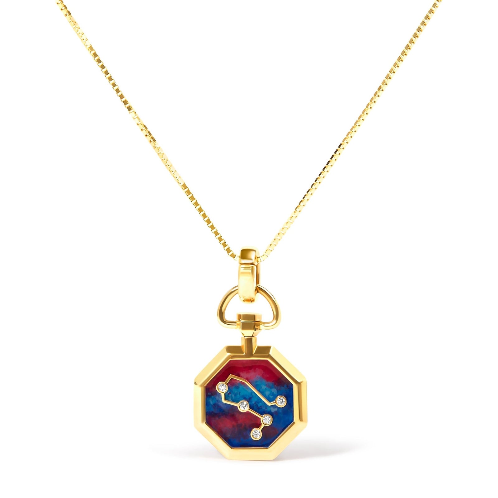 18K Yellow Gold Diamond Gemini Constellation with Red and Blue Enamel 18" Inch Pendant Necklace (H - I Color, SI2 - I1 Clarity) - LinkagejewelrydesignLinkagejewelrydesign