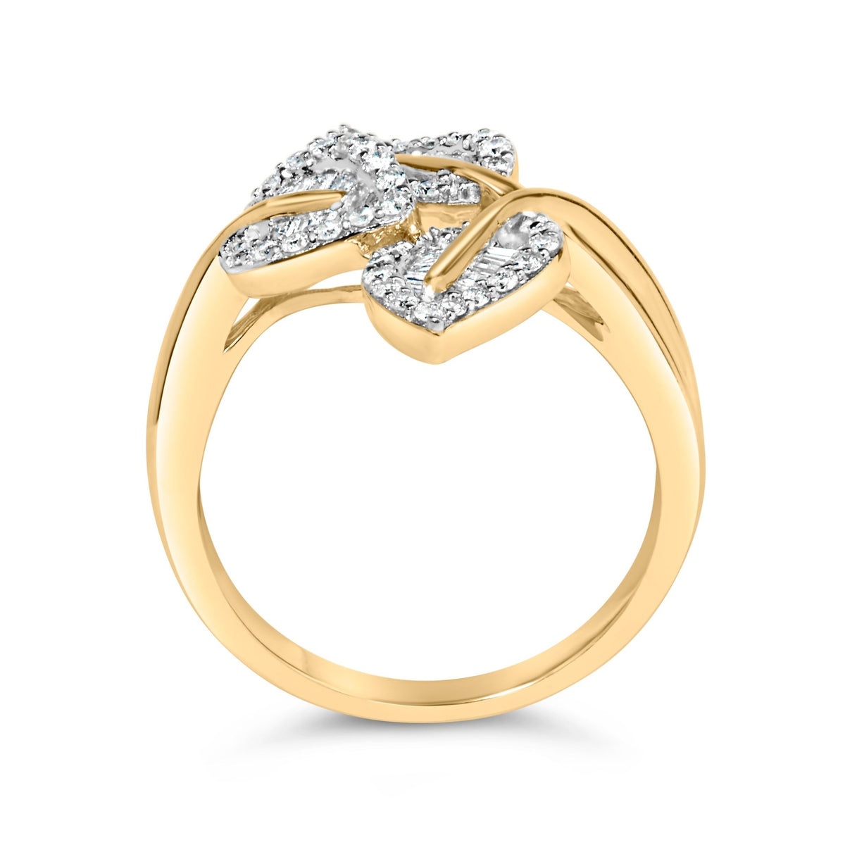 18K Yellow Gold Plated .925 Sterling Silver 1/2 Cttw Baguette and Round Diamond Bypass Triple Leaf Ring (I-J Color, I1-I2 Clarity) - Size 5 - LinkagejewelrydesignLinkagejewelrydesign