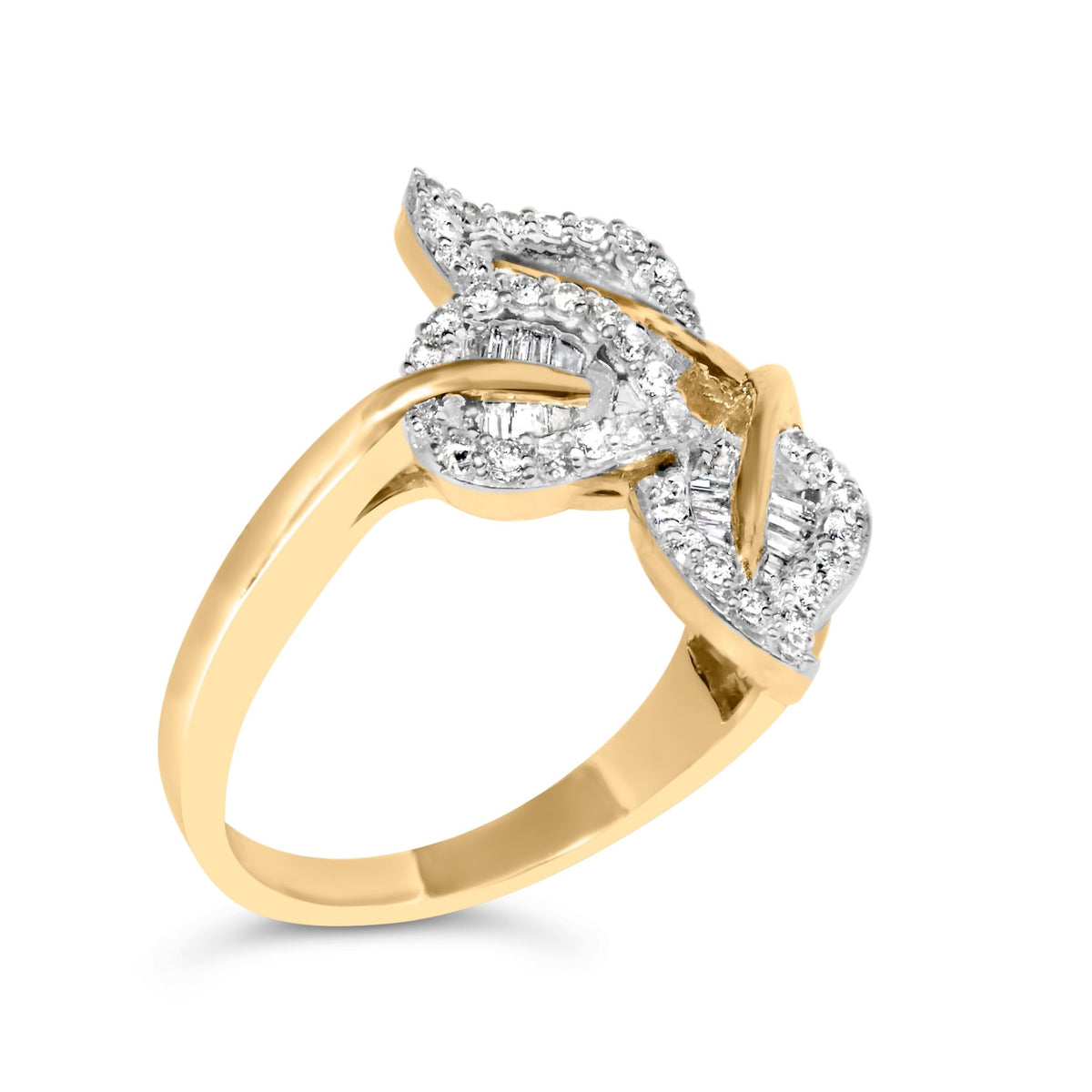 18K Yellow Gold Plated .925 Sterling Silver 1/2 Cttw Baguette and Round Diamond Bypass Triple Leaf Ring (I-J Color, I1-I2 Clarity) - Size 5 - LinkagejewelrydesignLinkagejewelrydesign