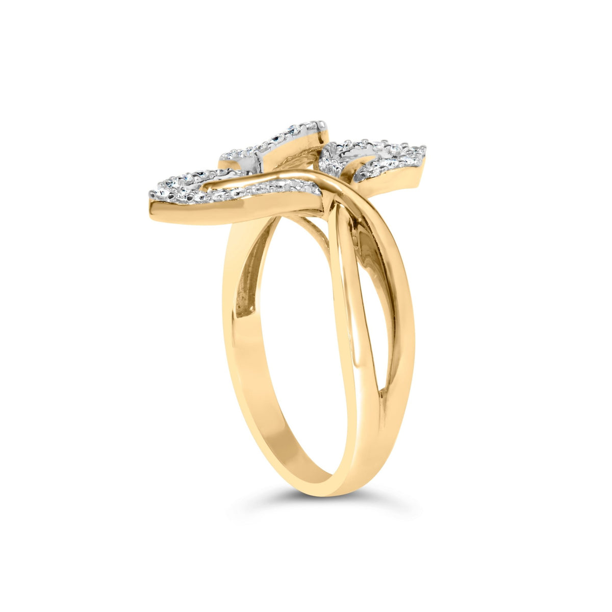 18K Yellow Gold Plated .925 Sterling Silver 1/2 Cttw Baguette and Round Diamond Bypass Triple Leaf Ring (I-J Color, I1-I2 Clarity) - Size 5 - LinkagejewelrydesignLinkagejewelrydesign