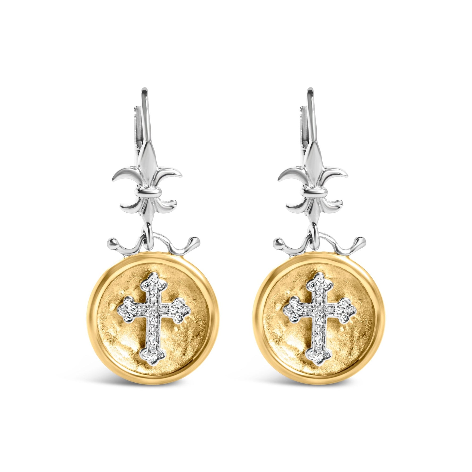 18K Yellow Gold Plated .925 Sterling Silver 1/8 Cttw Diamond Hammered Finished Medallion with Cross Drop and Dangle Earrings (I - J Color, SI1 - SI2 Clarity) - LinkagejewelrydesignLinkagejewelrydesign