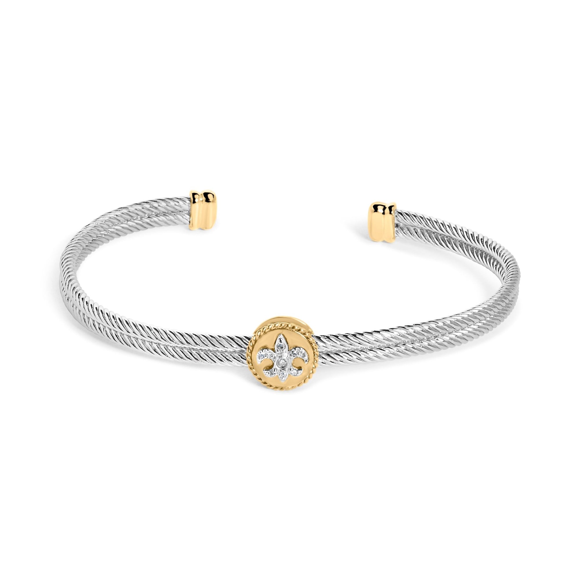 18K Yellow Gold Plated .925 Sterling Silver Diamond Accent and Fleur Di Lis Medallion Bangle Bracelet (I - J Color, SI1 - SI2 Clarity) - 7.25 Inches - LinkagejewelrydesignLinkagejewelrydesign