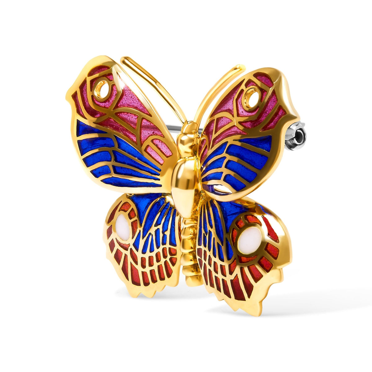 18K Yellow Gold Red, Blue, and White Enameled Butterfly Brooch Pin - LinkagejewelrydesignLinkagejewelrydesign