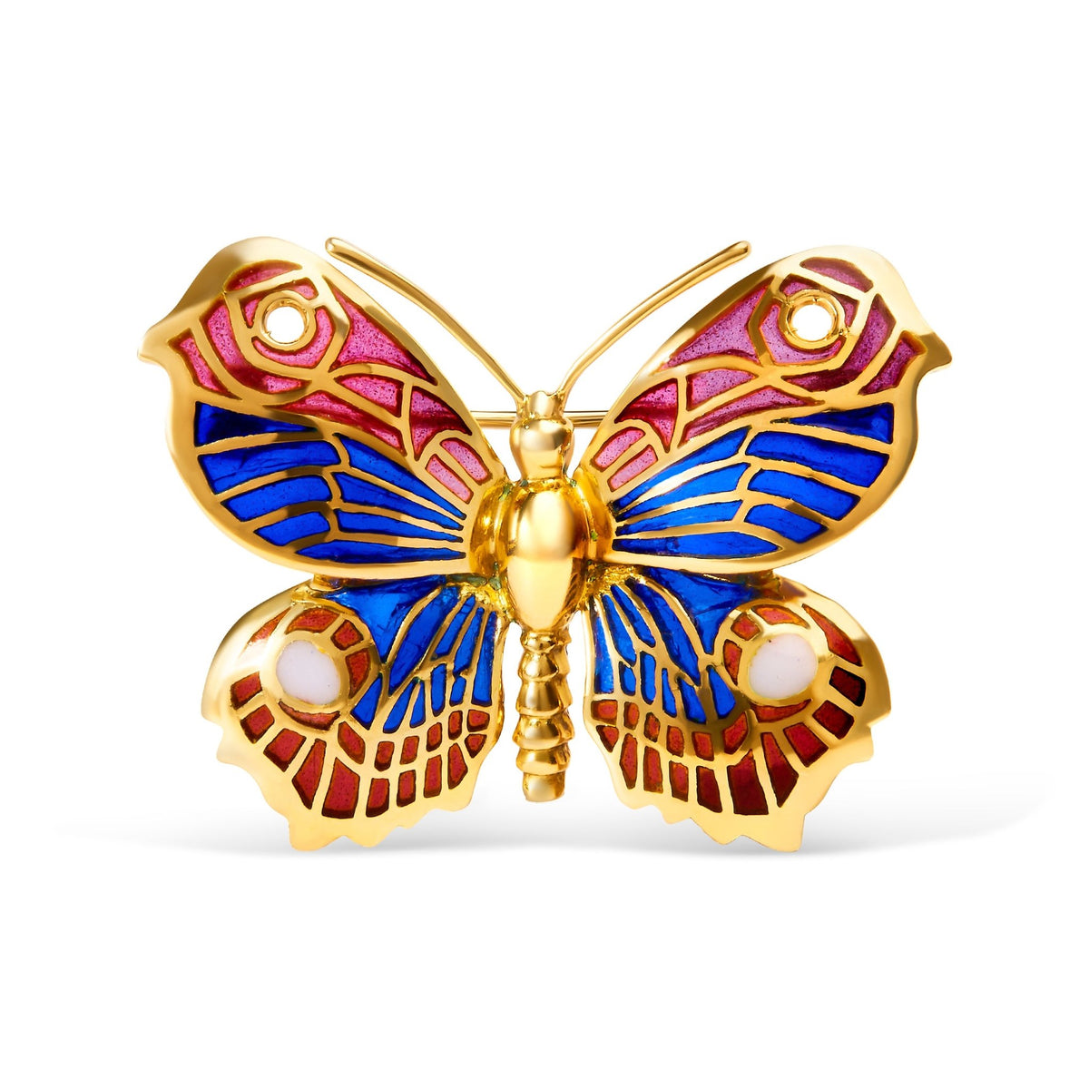 18K Yellow Gold Red, Blue, and White Enameled Butterfly Brooch Pin - LinkagejewelrydesignLinkagejewelrydesign