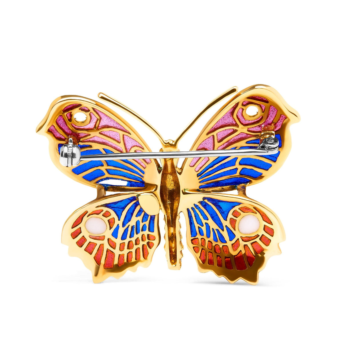 18K Yellow Gold Red, Blue, and White Enameled Butterfly Brooch Pin - LinkagejewelrydesignLinkagejewelrydesign