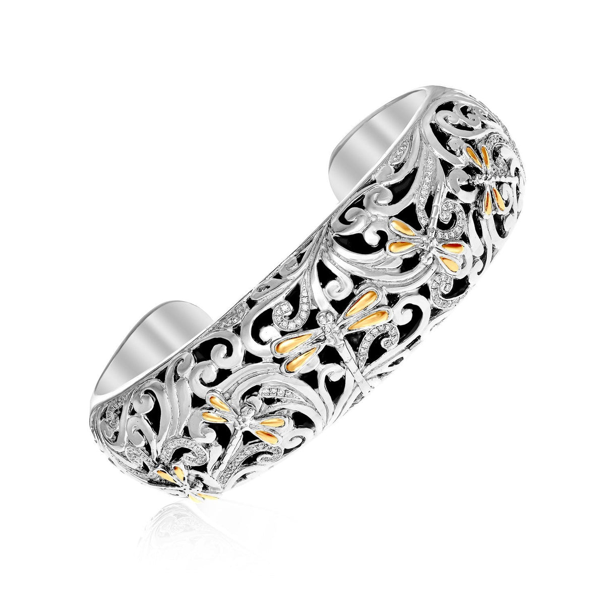 18k Yellow Gold & Sterling Silver Diamond Accent Dragonfly Cuff Bangle - LinkagejewelrydesignLinkagejewelrydesign