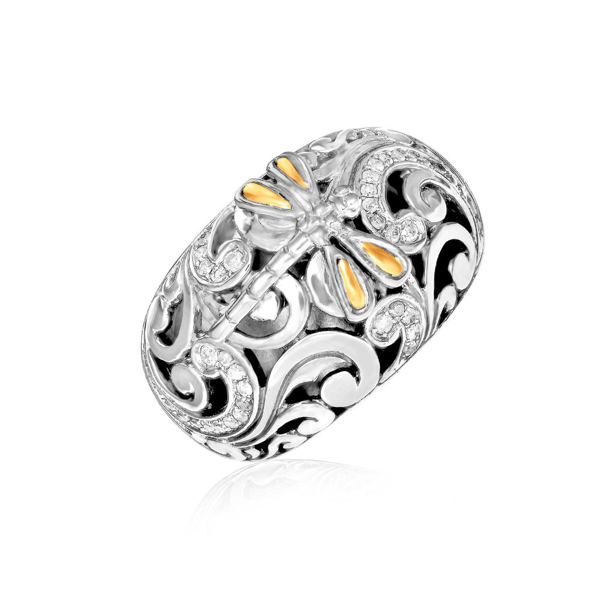 18k Yellow Gold & Sterling Silver Dragonfly Ring with Diamonds - LinkagejewelrydesignLinkagejewelrydesign