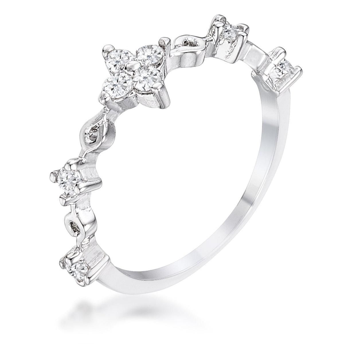 .24Ct Rhodium Plated Clear CZ Mini Floral Half Eternity Stackable Band, &lt;b&gt;Size 5&lt;/b&gt; - LinkagejewelrydesignLinkagejewelrydesign