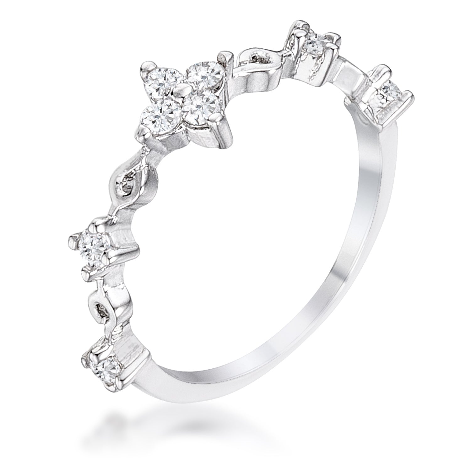.24Ct Rhodium Plated Clear CZ Mini Floral Half Eternity Stackable Band, <b>Size 5</b> - LinkagejewelrydesignLinkagejewelrydesign
