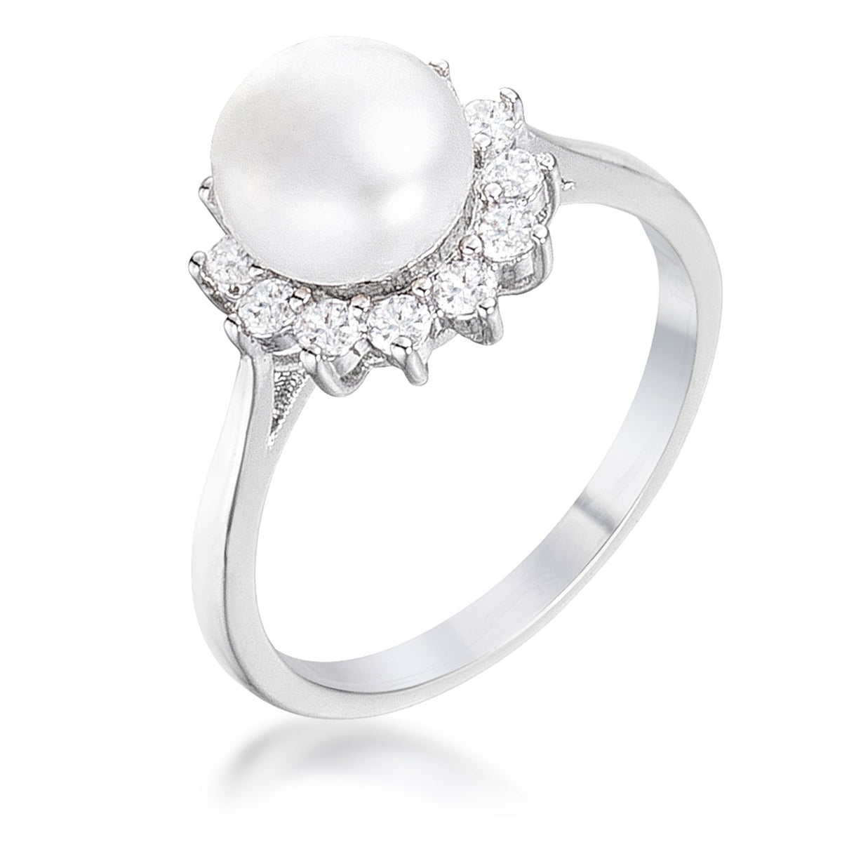 .36Ct Rhodium Plated Freshwater Pearl and CZ Halo Ring, &lt;b&gt;Size 5&lt;/b&gt; - LinkagejewelrydesignLinkagejewelrydesign