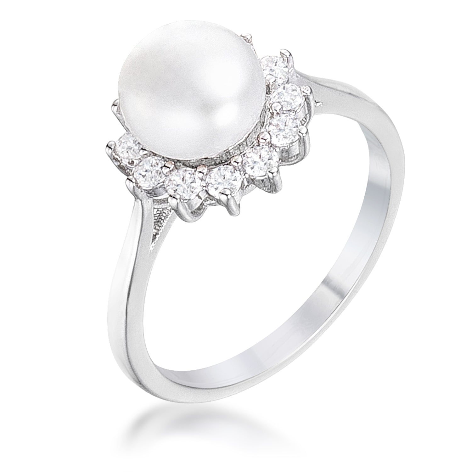 .36Ct Rhodium Plated Freshwater Pearl and CZ Halo Ring, <b>Size 5</b> - LinkagejewelrydesignLinkagejewelrydesign