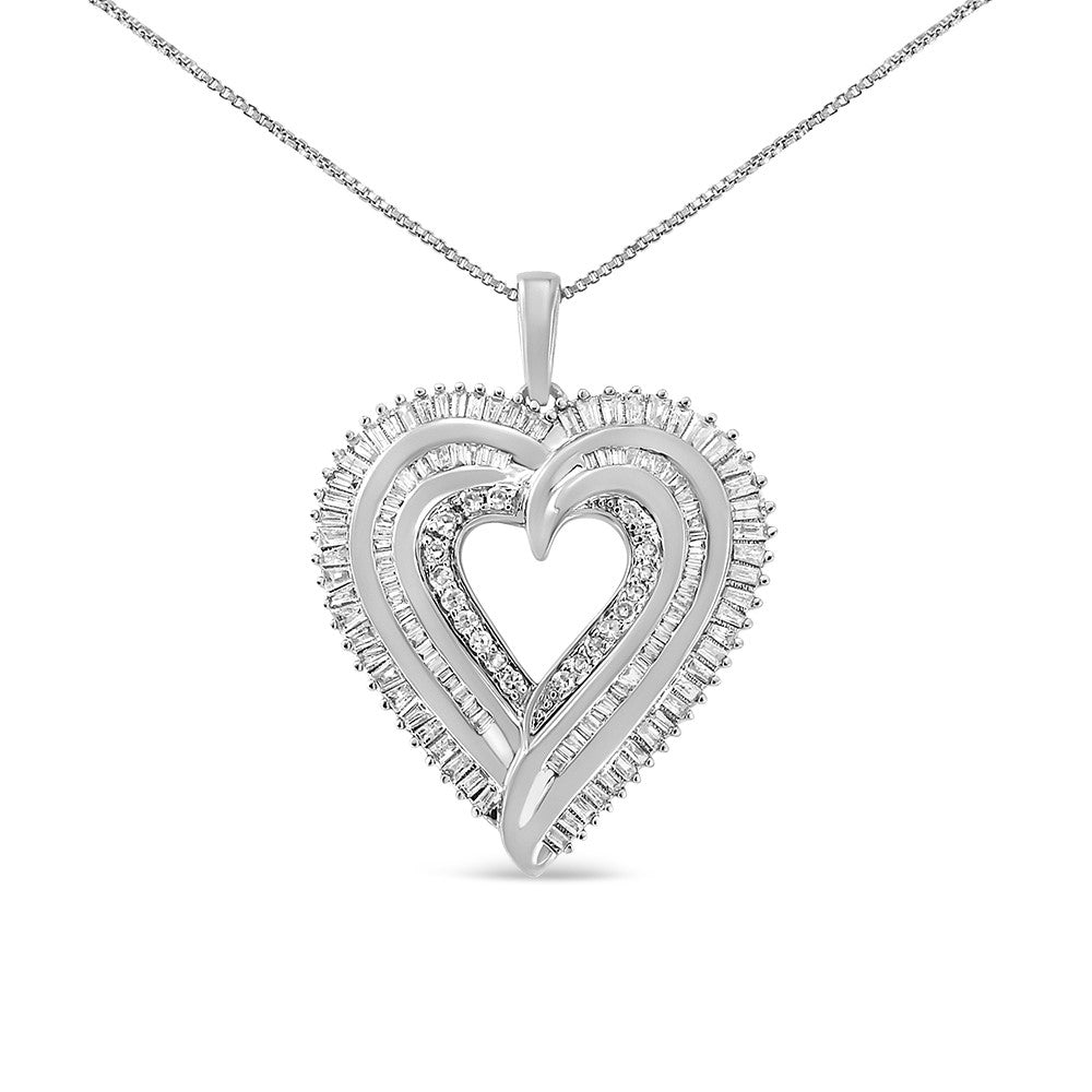 .925 Sterling Silver 1 1/2 Cttw Baguette Diamond Composite Heart 18" Inch Pendant Necklace (I-J Color, I1-I2 Clarity) - LinkagejewelrydesignLinkagejewelrydesign