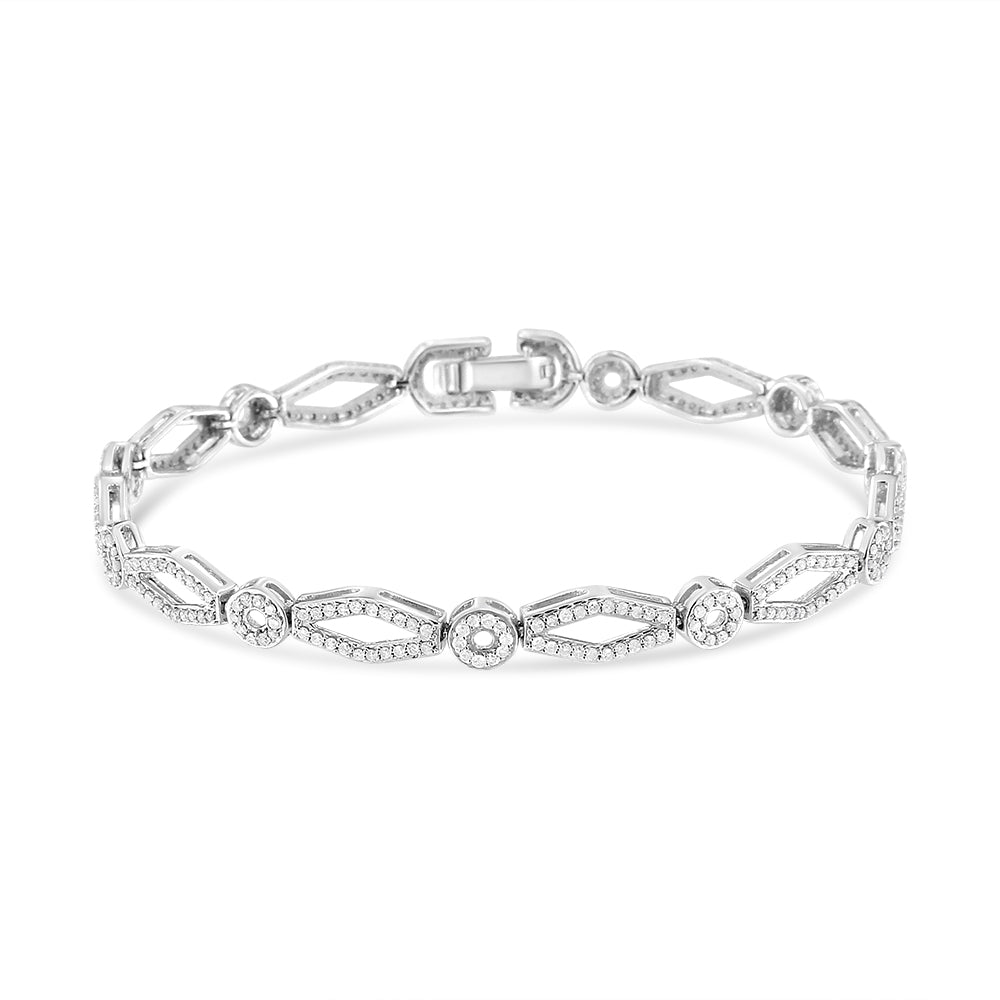 .925 Sterling Silver 1 1/2 Cttw Diamond Studded Alternating Circle and Kite-Shaped Vintage-Style Link Bracelet (I-J Color, I2-I3 Clarity) 7 Inch - LinkagejewelrydesignLinkagejewelrydesign
