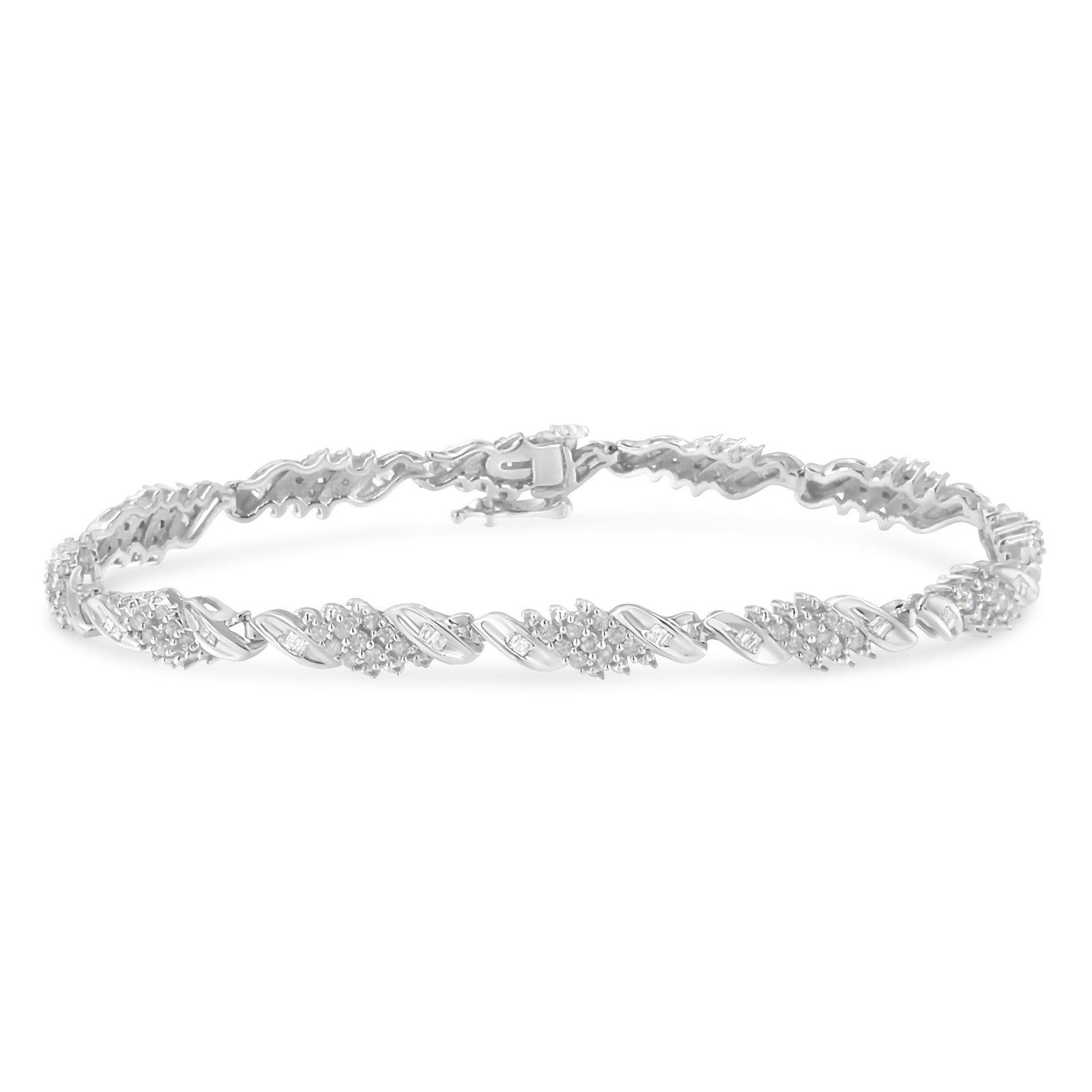 .925 Sterling Silver 1-1/2 Cttw Round and Baguette Cut Diamond Wave Link Bracelet (I-J Color, I2-I3 Clarity) - 7" - LinkagejewelrydesignLinkagejewelrydesign