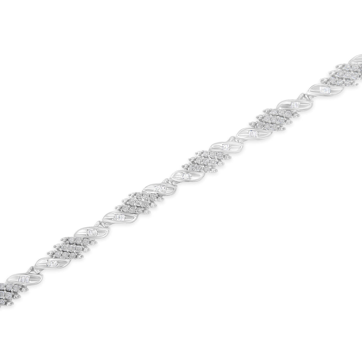 .925 Sterling Silver 1-1/2 Cttw Round and Baguette Cut Diamond Wave Link Bracelet (I-J Color, I2-I3 Clarity) - 7&quot; - LinkagejewelrydesignLinkagejewelrydesign