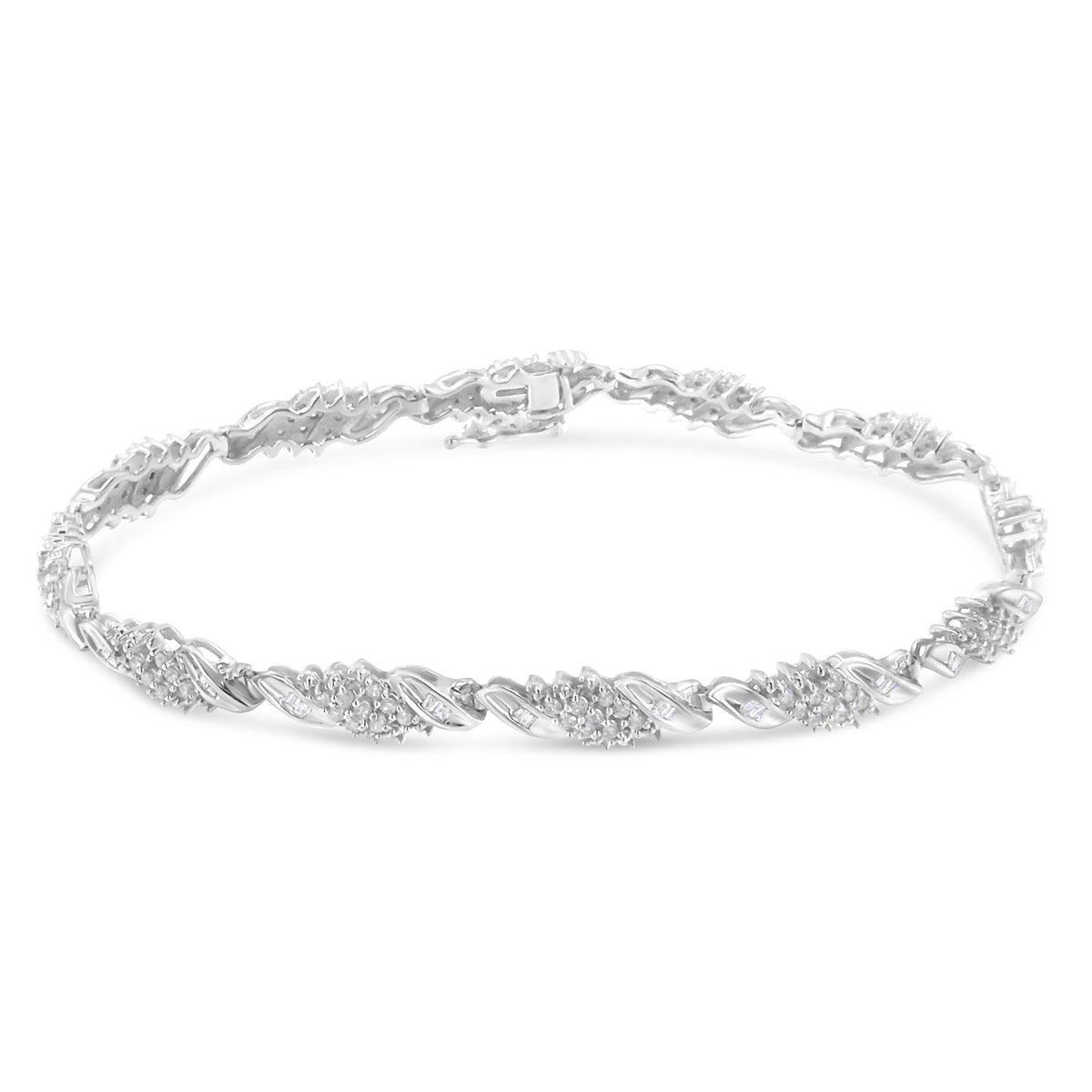 .925 Sterling Silver 1-1/2 Cttw Round and Baguette Cut Diamond Wave Link Bracelet (I-J Color, I2-I3 Clarity) - 7&quot; - LinkagejewelrydesignLinkagejewelrydesign