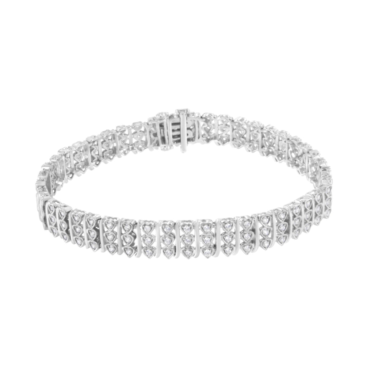 .925 Sterling Silver 1 1/2 cttw Round Diamond 3 Row Heart Link Bracelet (I-J Color,I3 Clarity) - 7.25 &quot; - LinkagejewelrydesignLinkagejewelrydesign