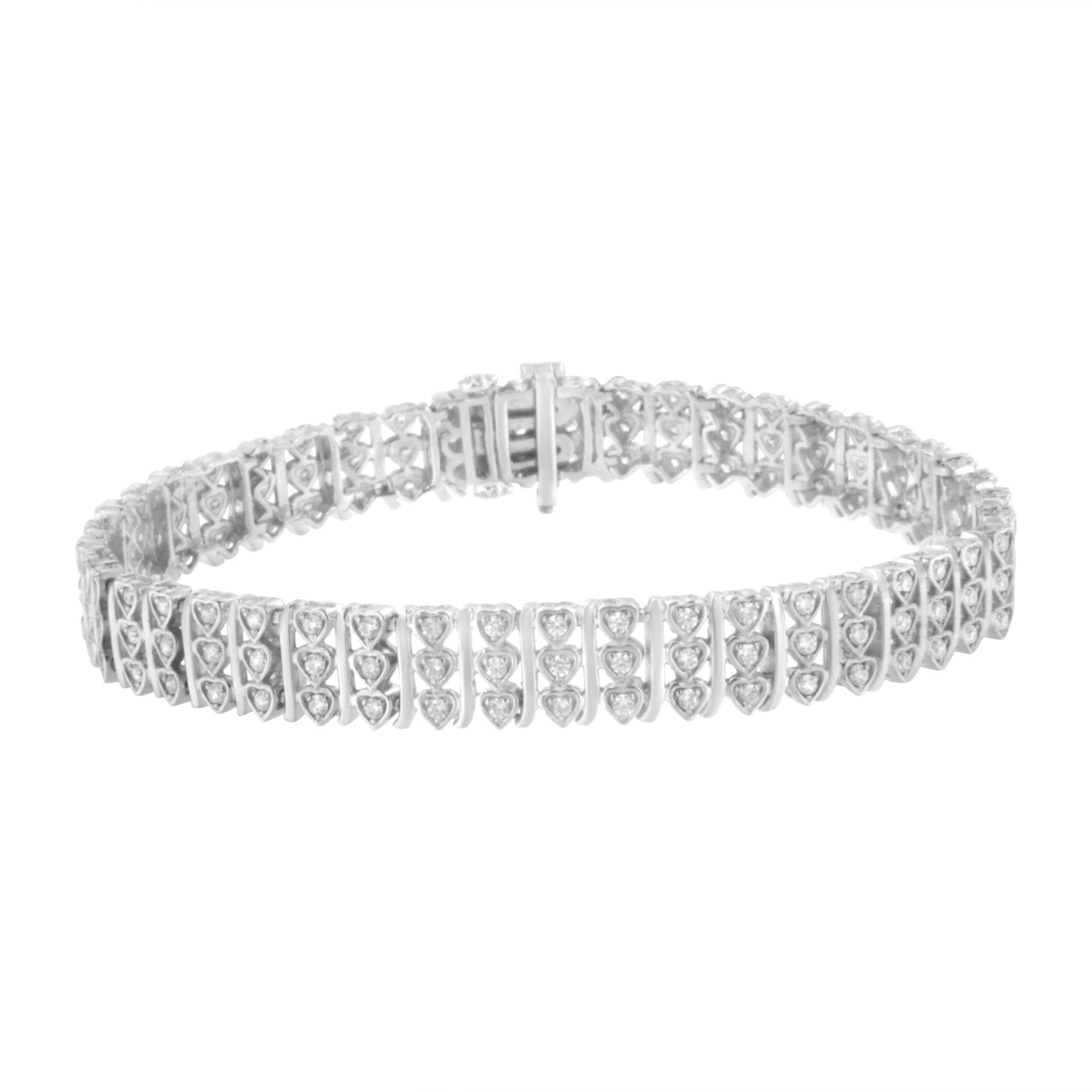 .925 Sterling Silver 1 1/2 cttw Round Diamond 3 Row Heart Link Bracelet (I-J Color,I3 Clarity) - 7.25 " - LinkagejewelrydesignLinkagejewelrydesign