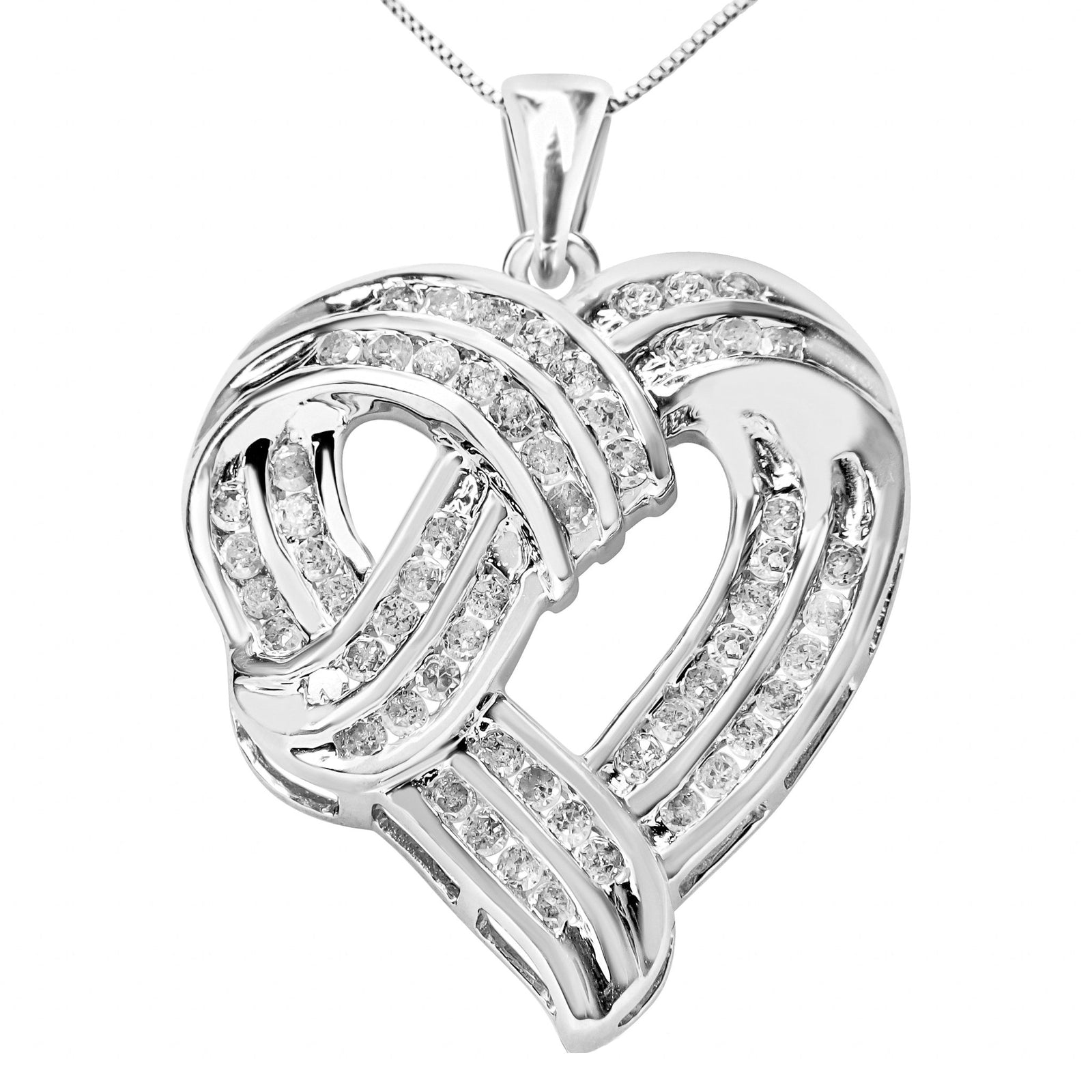 .925 Sterling Silver 1 1/4 Cttw Round Diamond Openwork Ribbon Weave Heart Pendant 18" Necklace (I-J Color, I3 Clarity) - LinkagejewelrydesignLinkagejewelrydesign