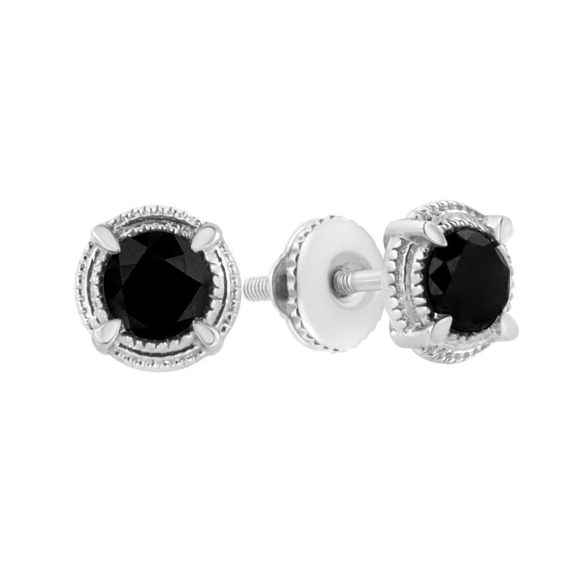 .925 Sterling Silver 1 1/4 cttw Treated Black Diamond Modern 4-Prong Solitaire Milgrain Stud Earrings (Black Color, I1-I2 Clarity) - LinkagejewelrydesignLinkagejewelrydesign