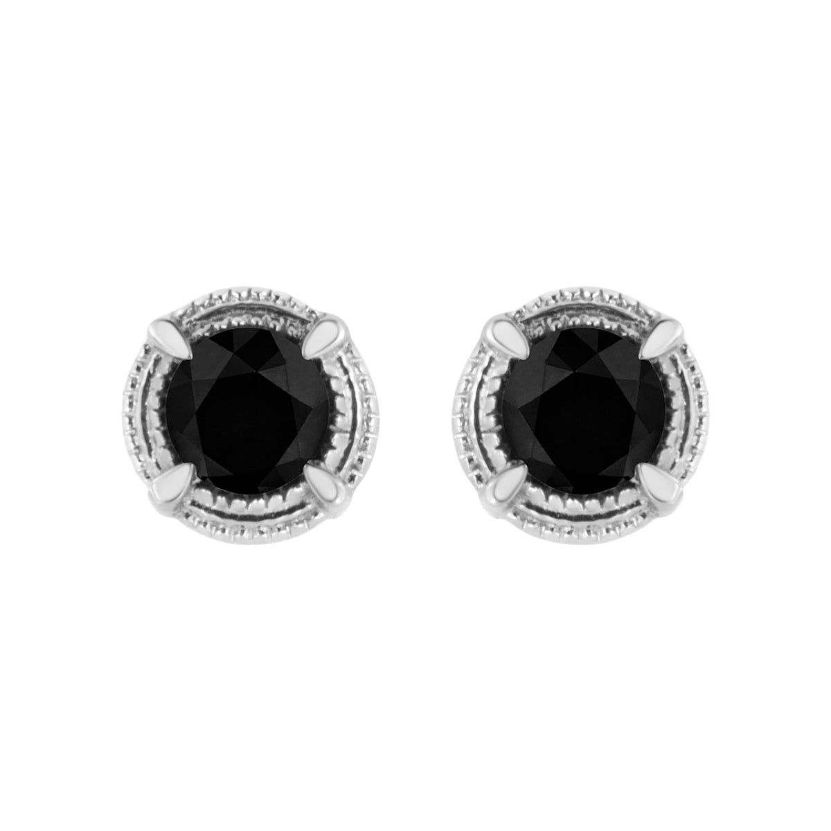 .925 Sterling Silver 1 1/4 cttw Treated Black Diamond Modern 4-Prong Solitaire Milgrain Stud Earrings (Black Color, I1-I2 Clarity) - LinkagejewelrydesignLinkagejewelrydesign