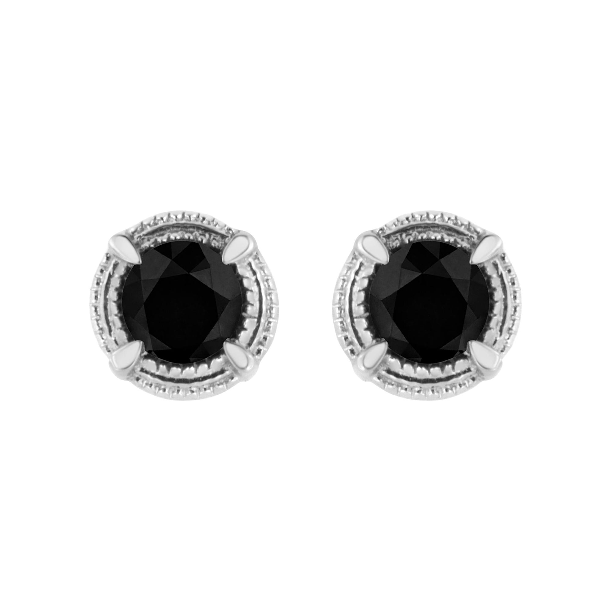 .925 Sterling Silver 1 1/4 cttw Treated Black Diamond Modern 4-Prong Solitaire Milgrain Stud Earrings (Black Color, I1-I2 Clarity) - LinkagejewelrydesignLinkagejewelrydesign