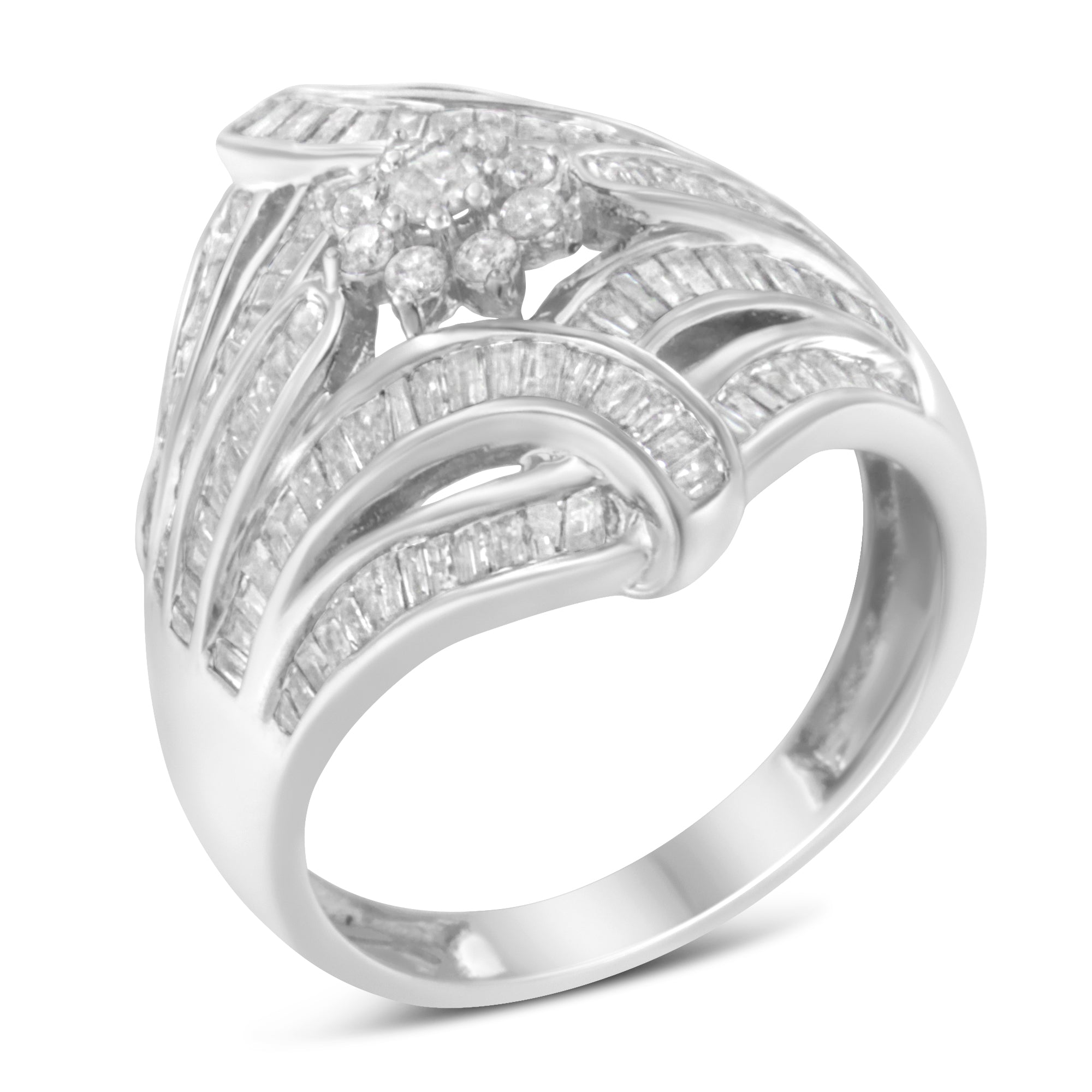 .925 Sterling Silver 1-1/8 Cttw Round & Baguette Diamond 'Flower & Fern' Cluster Cocktail Fashion Ring (I-J Color, I2-I3 Clarity) - Size 6 - LinkagejewelrydesignLinkagejewelrydesign