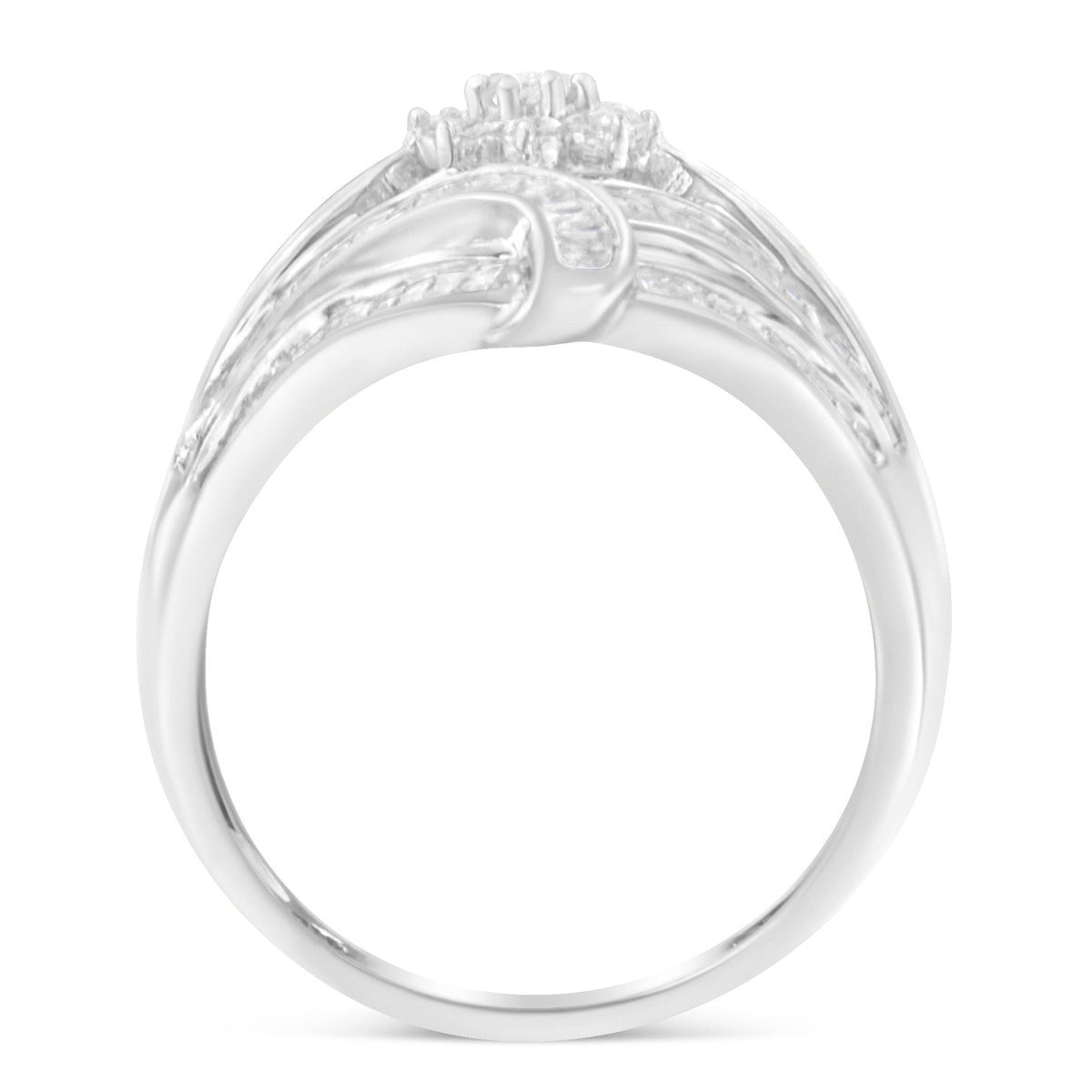 .925 Sterling Silver 1-1/8 Cttw Round &amp; Baguette Diamond &#39;Flower &amp; Fern&#39; Cluster Cocktail Fashion Ring (I-J Color, I2-I3 Clarity) - Size 6 - LinkagejewelrydesignLinkagejewelrydesign