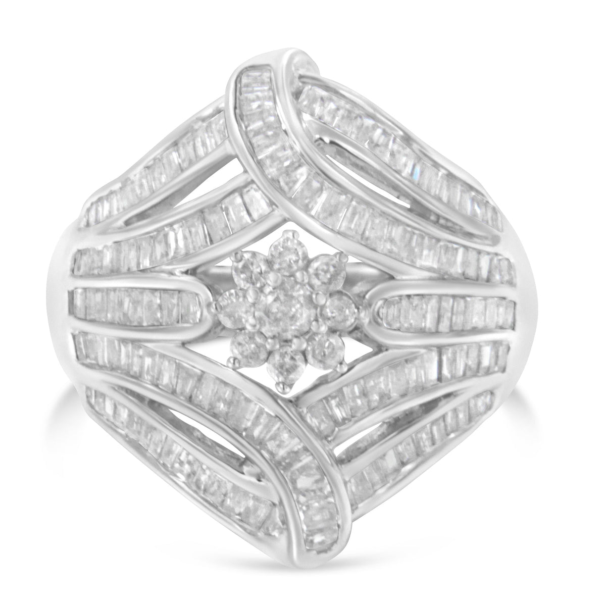 .925 Sterling Silver 1-1/8 Cttw Round &amp; Baguette Diamond &#39;Flower &amp; Fern&#39; Cluster Cocktail Fashion Ring (I-J Color, I2-I3 Clarity) - Size 6 - LinkagejewelrydesignLinkagejewelrydesign