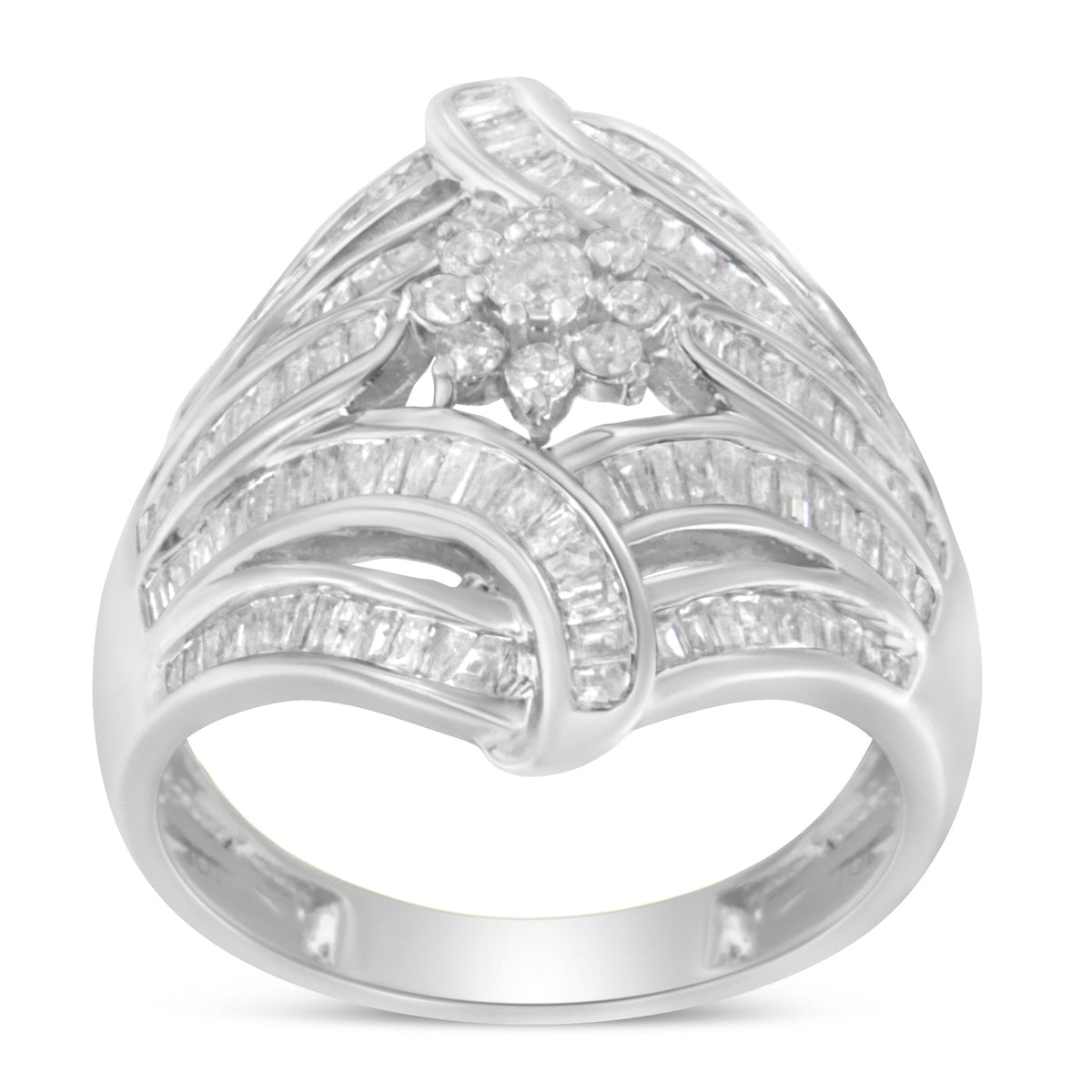 .925 Sterling Silver 1-1/8 Cttw Round &amp; Baguette Diamond &#39;Flower &amp; Fern&#39; Cluster Cocktail Fashion Ring (I-J Color, I2-I3 Clarity) - Size 6 - LinkagejewelrydesignLinkagejewelrydesign