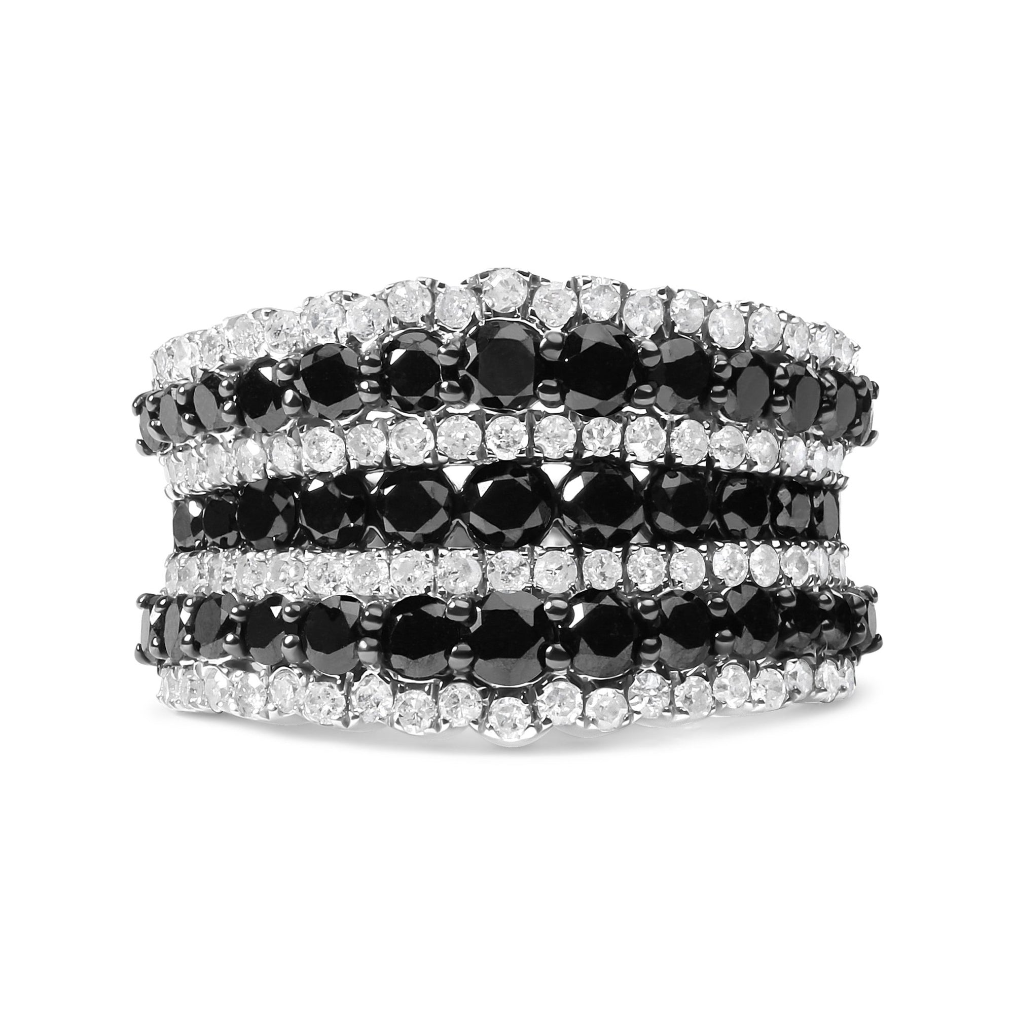 .925 Sterling Silver 1 3/4 Cttw Treated Black and White Alternating Diamond Multi Row Band Ring (Black / I-J Color, I2-I3 Clarity) - Size 7 - LinkagejewelrydesignLinkagejewelrydesign