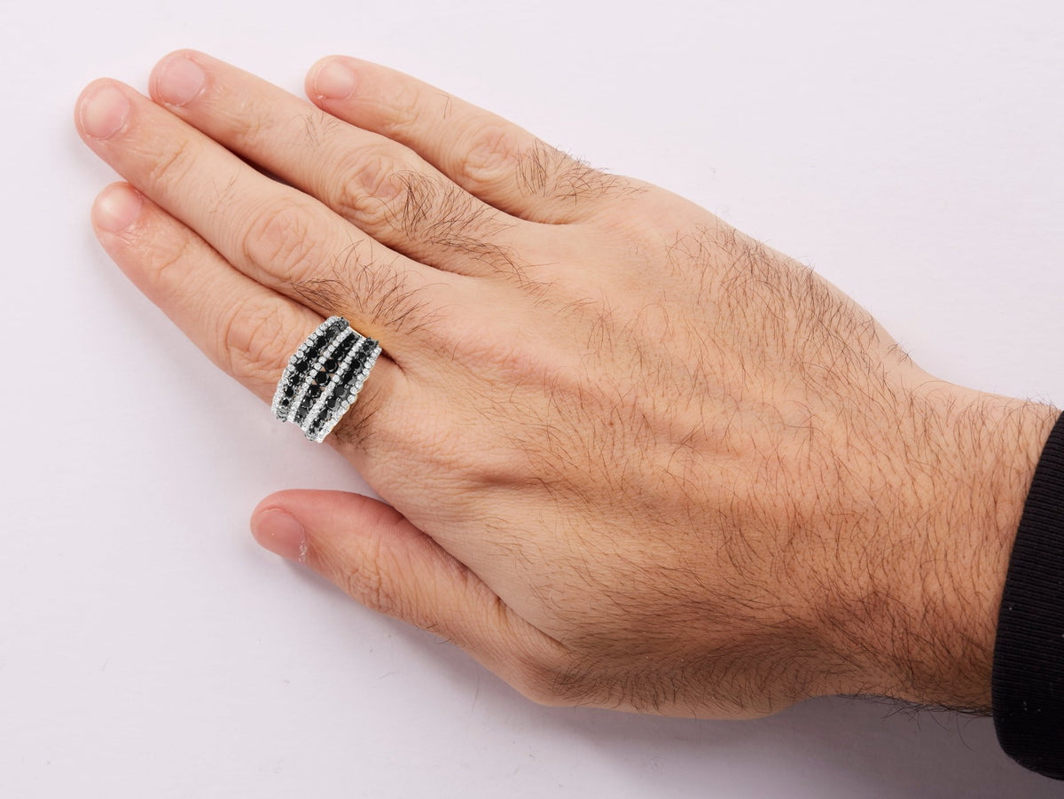 .925 Sterling Silver 1 3/4 Cttw Treated Black and White Alternating Diamond Multi Row Band Ring (Black / I-J Color, I2-I3 Clarity) - Size 7 - LinkagejewelrydesignLinkagejewelrydesign