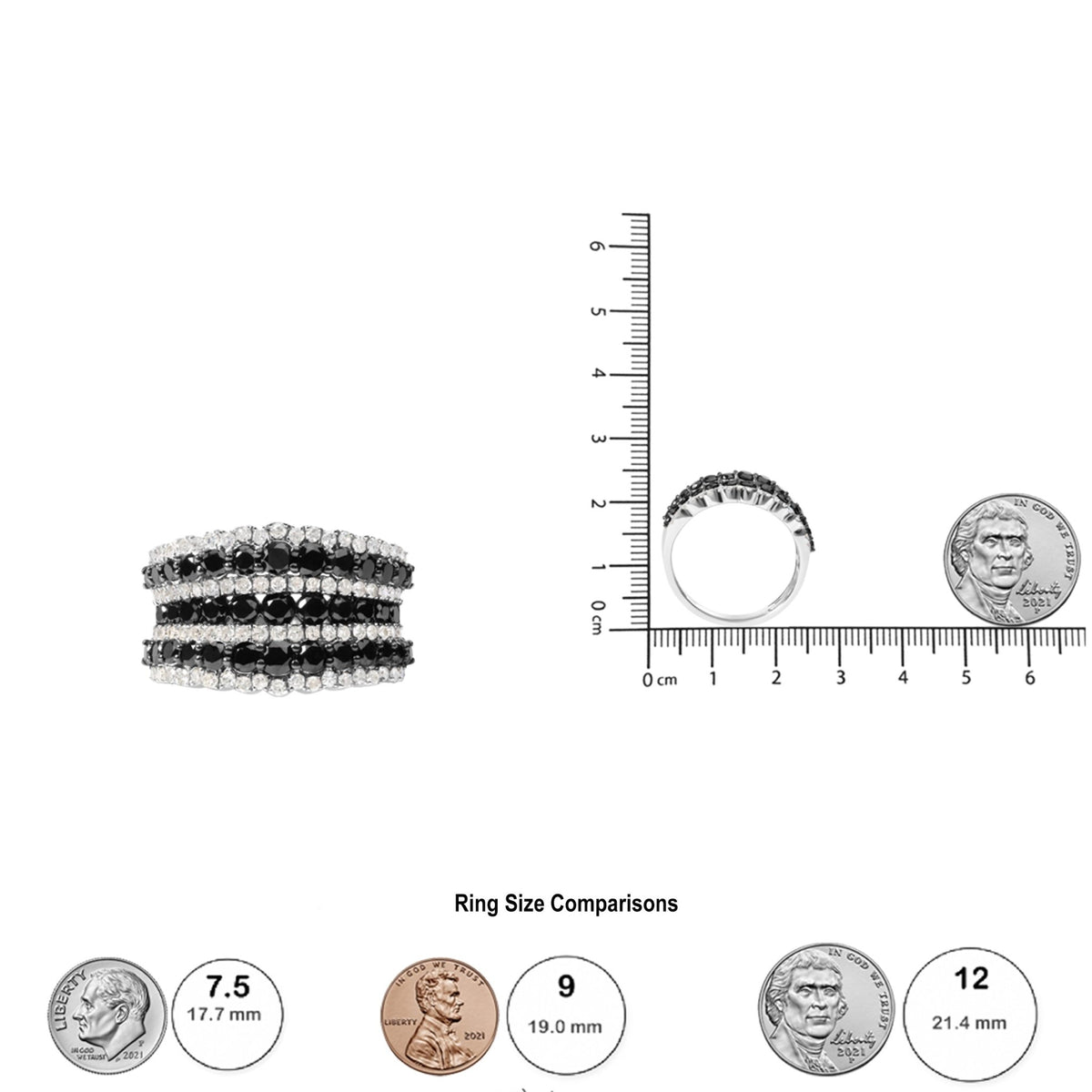 .925 Sterling Silver 1 3/4 Cttw Treated Black and White Alternating Diamond Multi Row Band Ring (Black / I-J Color, I2-I3 Clarity) - Size 7 - LinkagejewelrydesignLinkagejewelrydesign