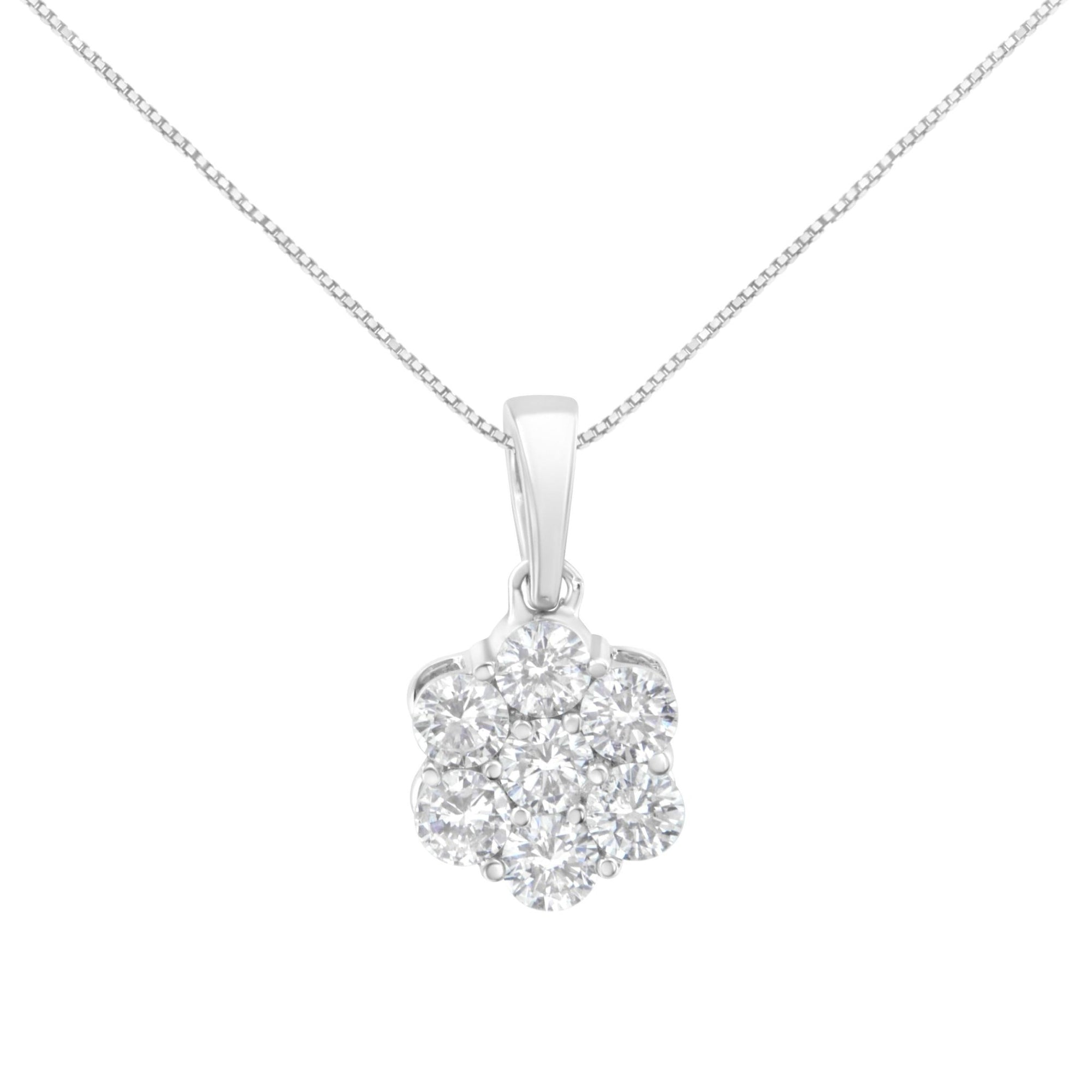 .925 Sterling Silver 1 cttw Diamond 7 Stone Flower Cluster 18" Pendant Necklace (I-J Clarity, I1-I2 Color) - 18" - LinkagejewelrydesignLinkagejewelrydesign