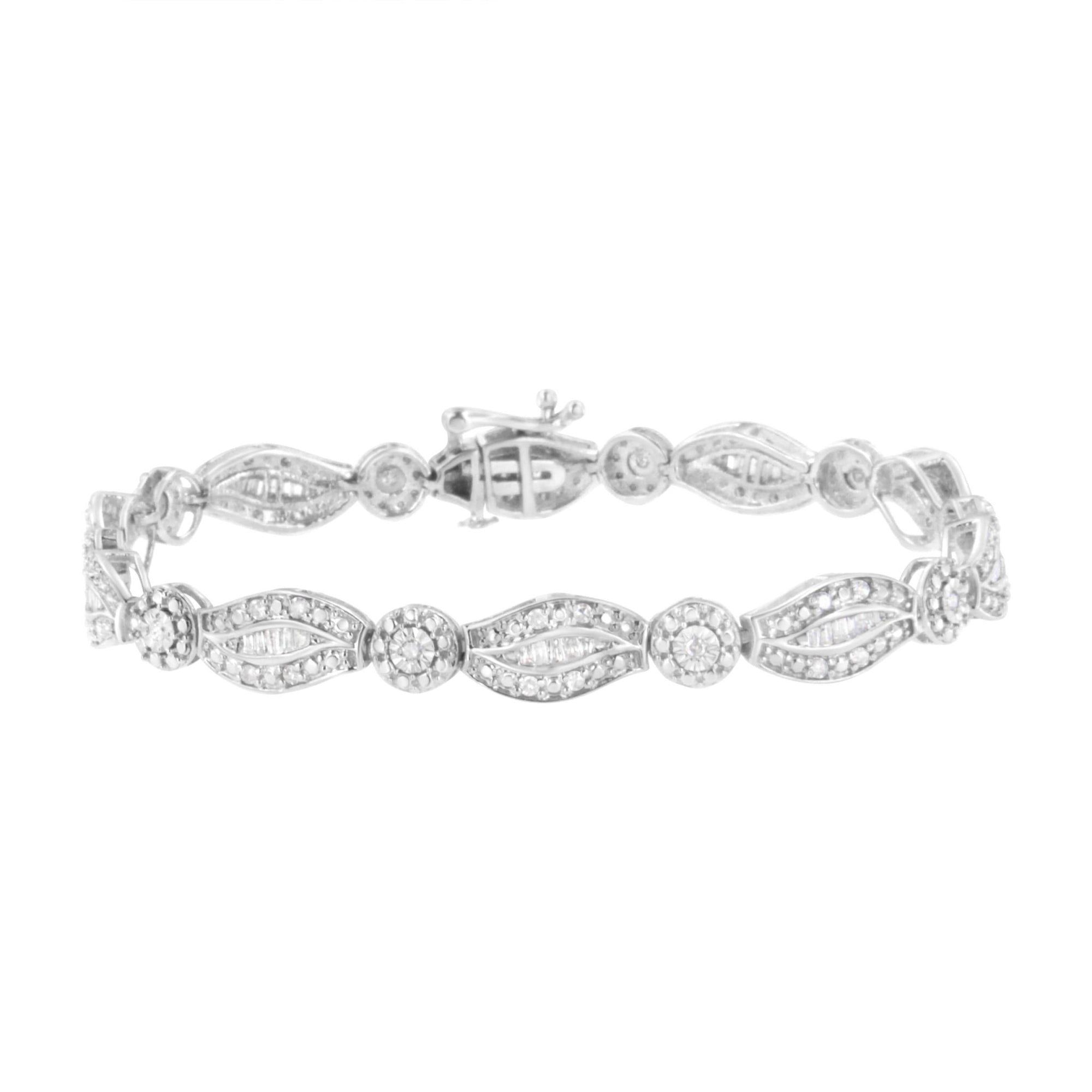 .925 Sterling Silver 1 cttw Diamond Double Leaf and Bezel Link Bracelet (I-J Clarity, I2-I3 Color) - Size 7.25" - LinkagejewelrydesignLinkagejewelrydesign