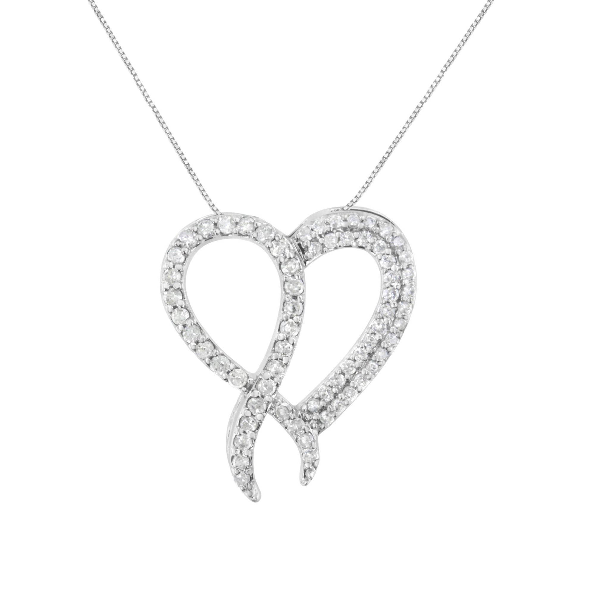 .925 Sterling Silver 1 cttw Diamond Heart and Ribbon 18" Pendant Necklace (I-J Clarity, I2-I3 Color) - 18" - LinkagejewelrydesignLinkagejewelrydesign