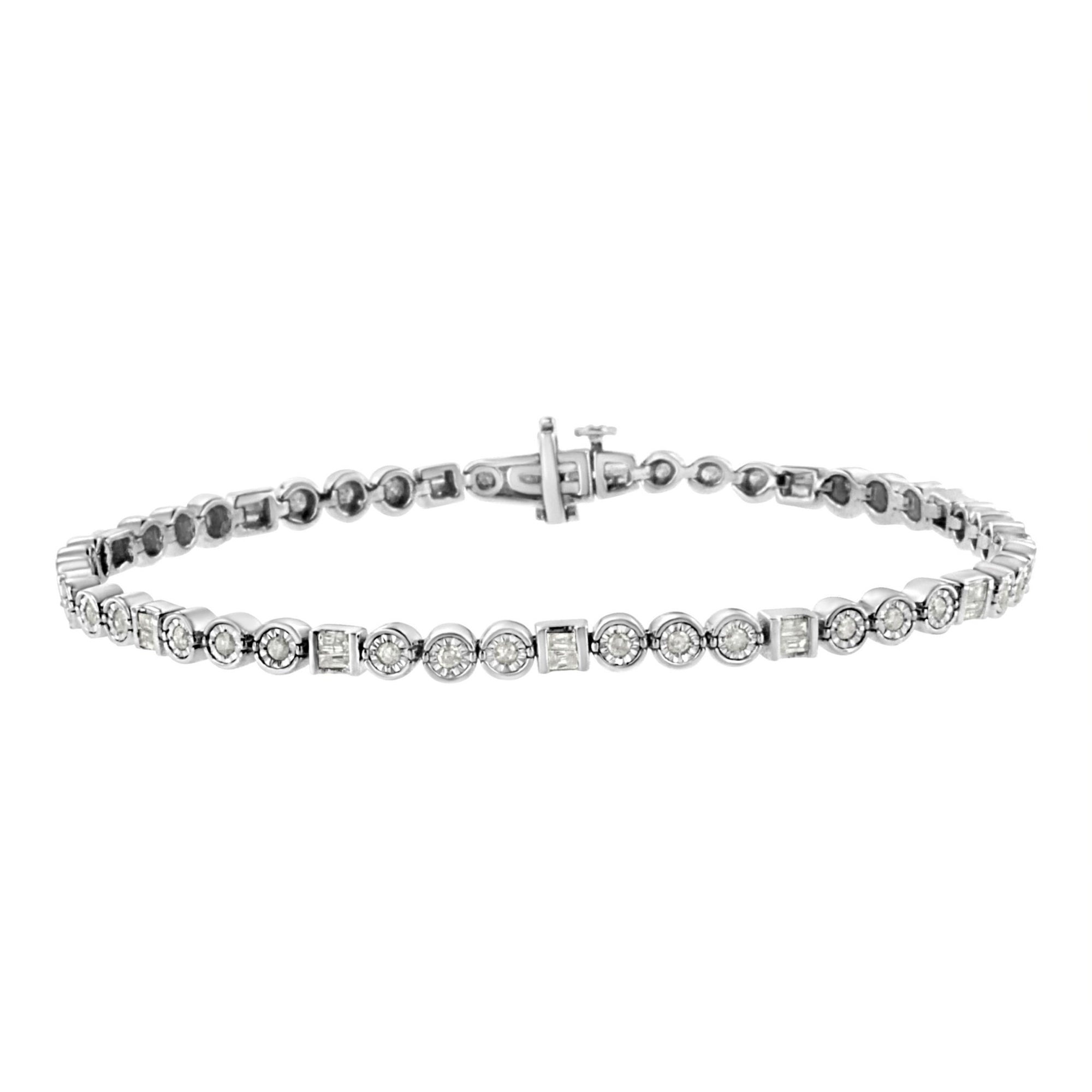 .925 Sterling Silver 1.0 Cttw Alternating Channel Set Baguette and Miracle Set Round Diamond Link Bracelet (I-J Color, I3 Clarity) - 7.25" - LinkagejewelrydesignLinkagejewelrydesign