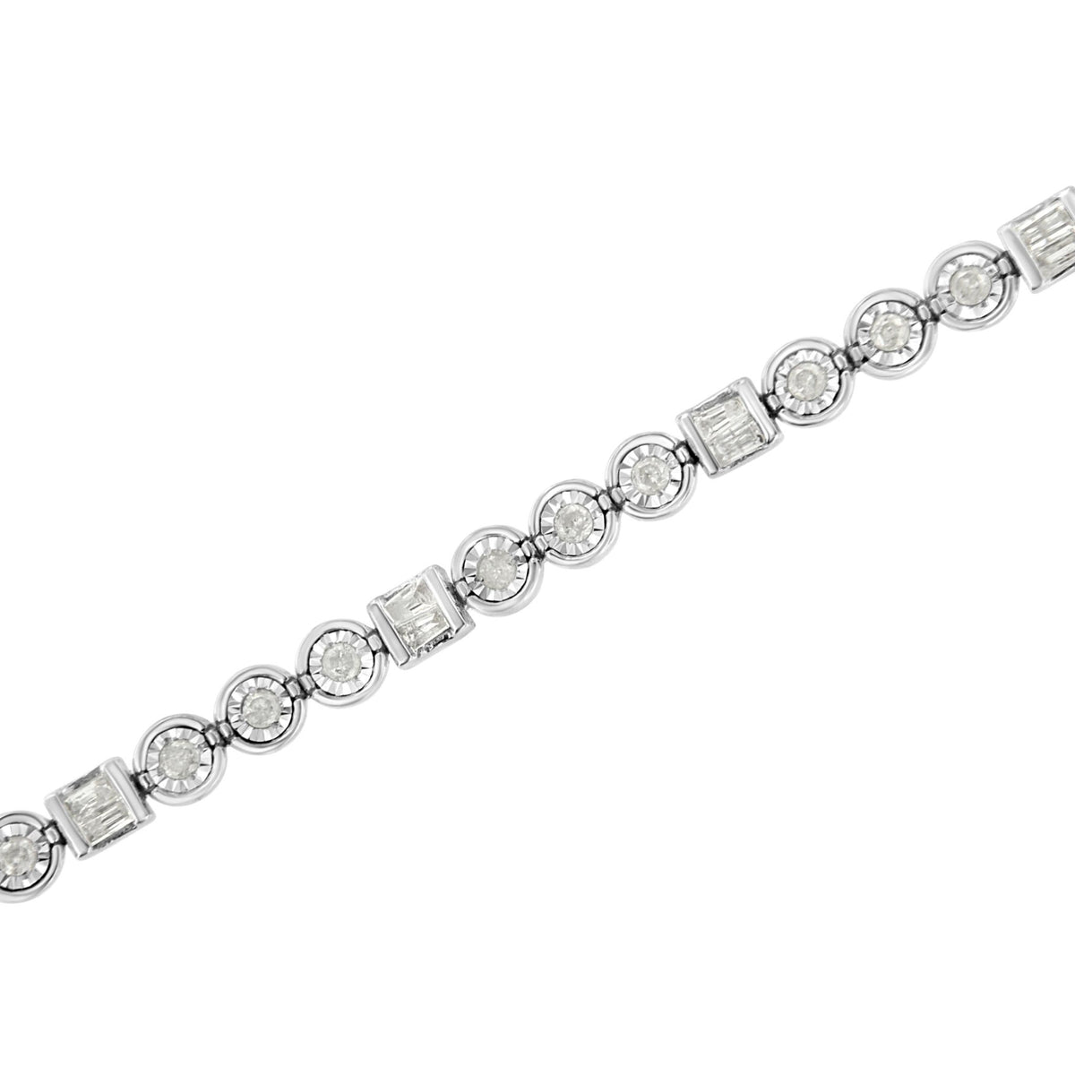 .925 Sterling Silver 1.0 Cttw Alternating Channel Set Baguette and Miracle Set Round Diamond Link Bracelet (I-J Color, I3 Clarity) - 7.25&quot; - LinkagejewelrydesignLinkagejewelrydesign