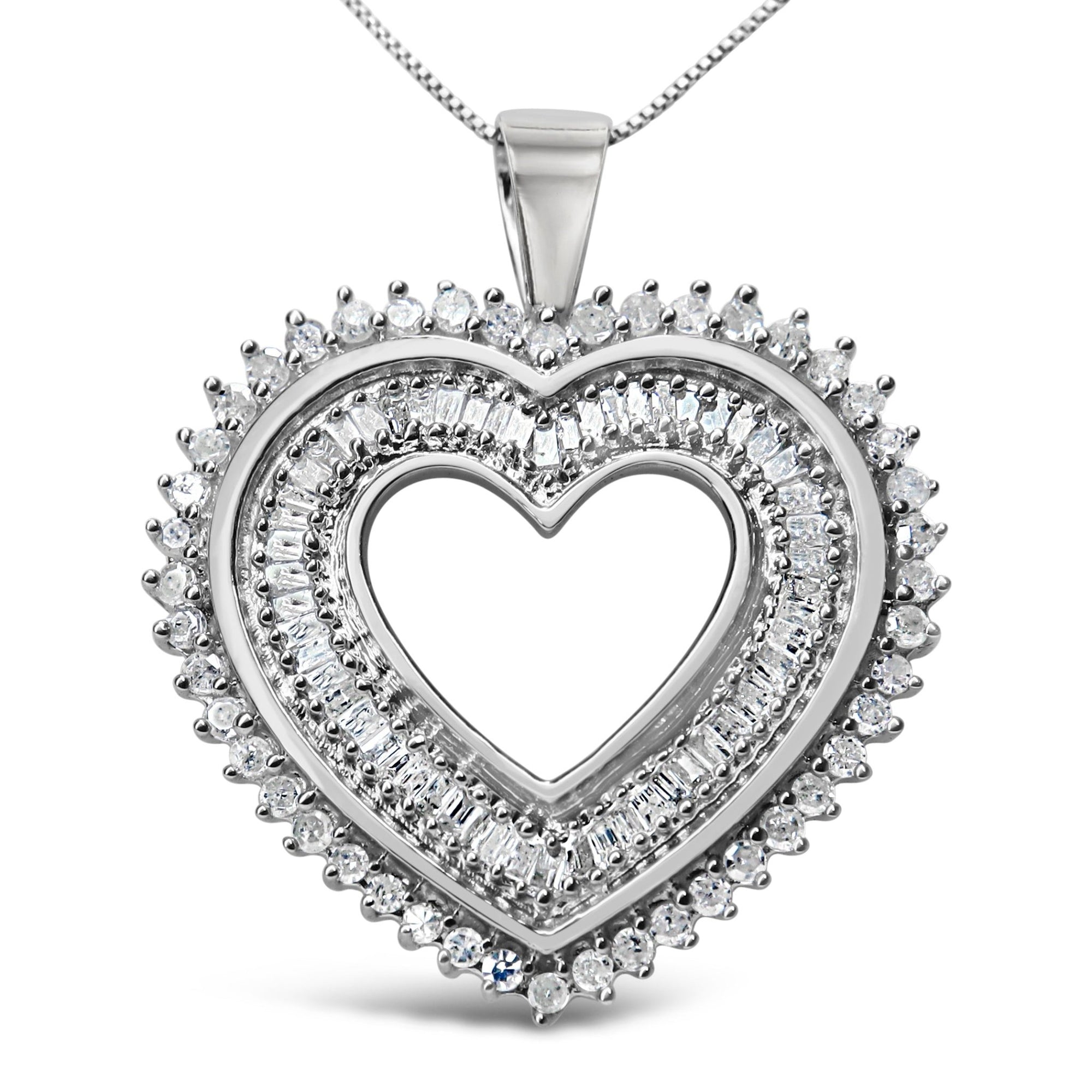 .925 Sterling Silver 1.0 Cttw Baguette and Round Diamond Heart Pendant 18" Necklace (H-I Color, I3 Clarity) - LinkagejewelrydesignLinkagejewelrydesign