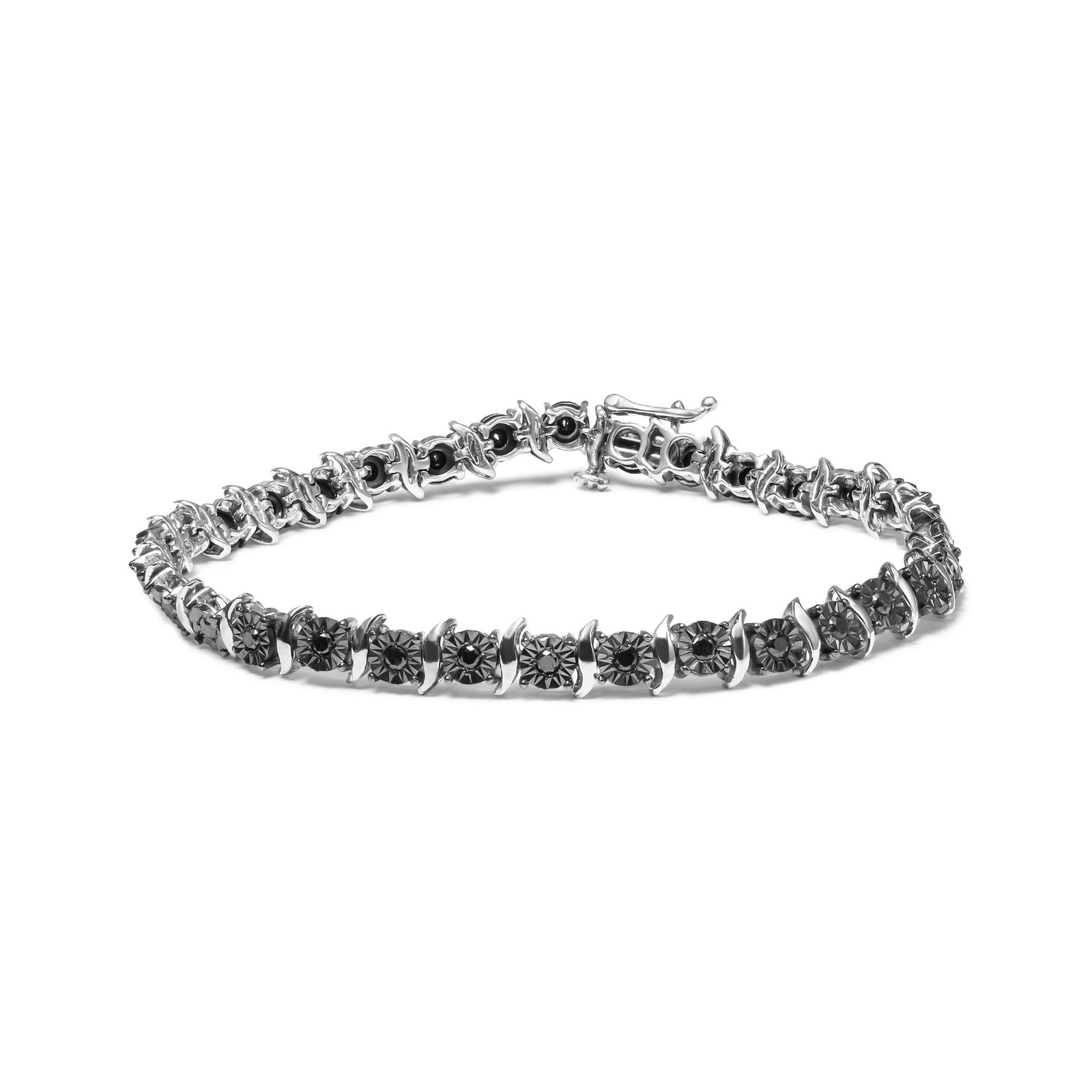 .925 Sterling Silver 1.0 Cttw Black Treated Diamond S-Curve Link Miracle-Set 7" Tennis Bracelet (Black Color, I2-I3 Clarity) - LinkagejewelrydesignLinkagejewelrydesign