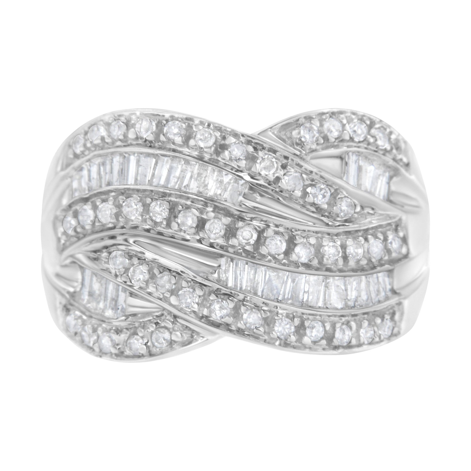 .925 Sterling Silver 1.0 Cttw Channel Set Alternating Round and Baguette Diamond Cross-over Bypass Ring Band (I-J Color, I2-I3 Clarity) - Size 7 - LinkagejewelrydesignLinkagejewelrydesign