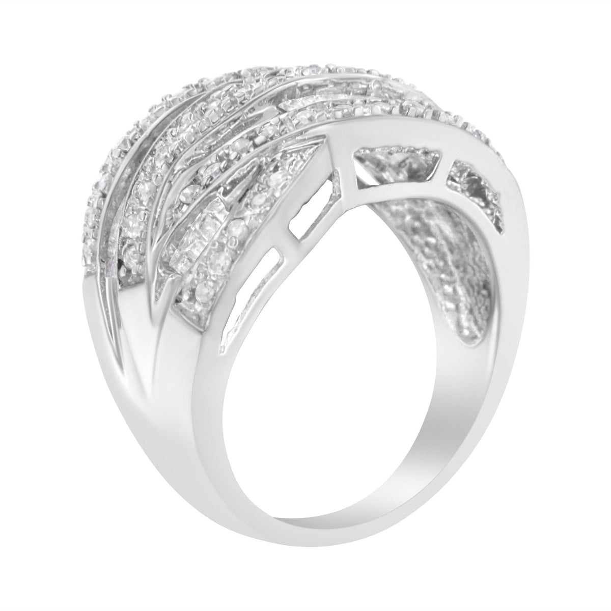 .925 Sterling Silver 1.0 Cttw Channel Set Alternating Round and Baguette Diamond Cross-over Bypass Ring Band (I-J Color, I2-I3 Clarity) - Size 7 - LinkagejewelrydesignLinkagejewelrydesign