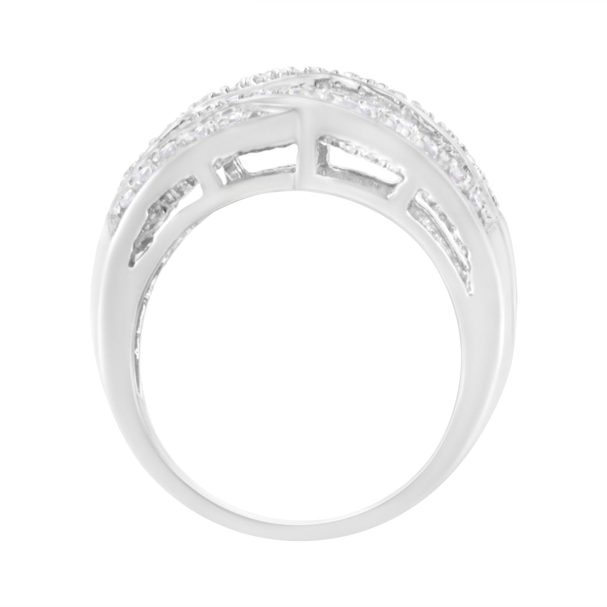.925 Sterling Silver 1.0 Cttw Channel Set Alternating Round and Baguette Diamond Cross-over Bypass Ring Band (I-J Color, I2-I3 Clarity) - Size 7 - LinkagejewelrydesignLinkagejewelrydesign
