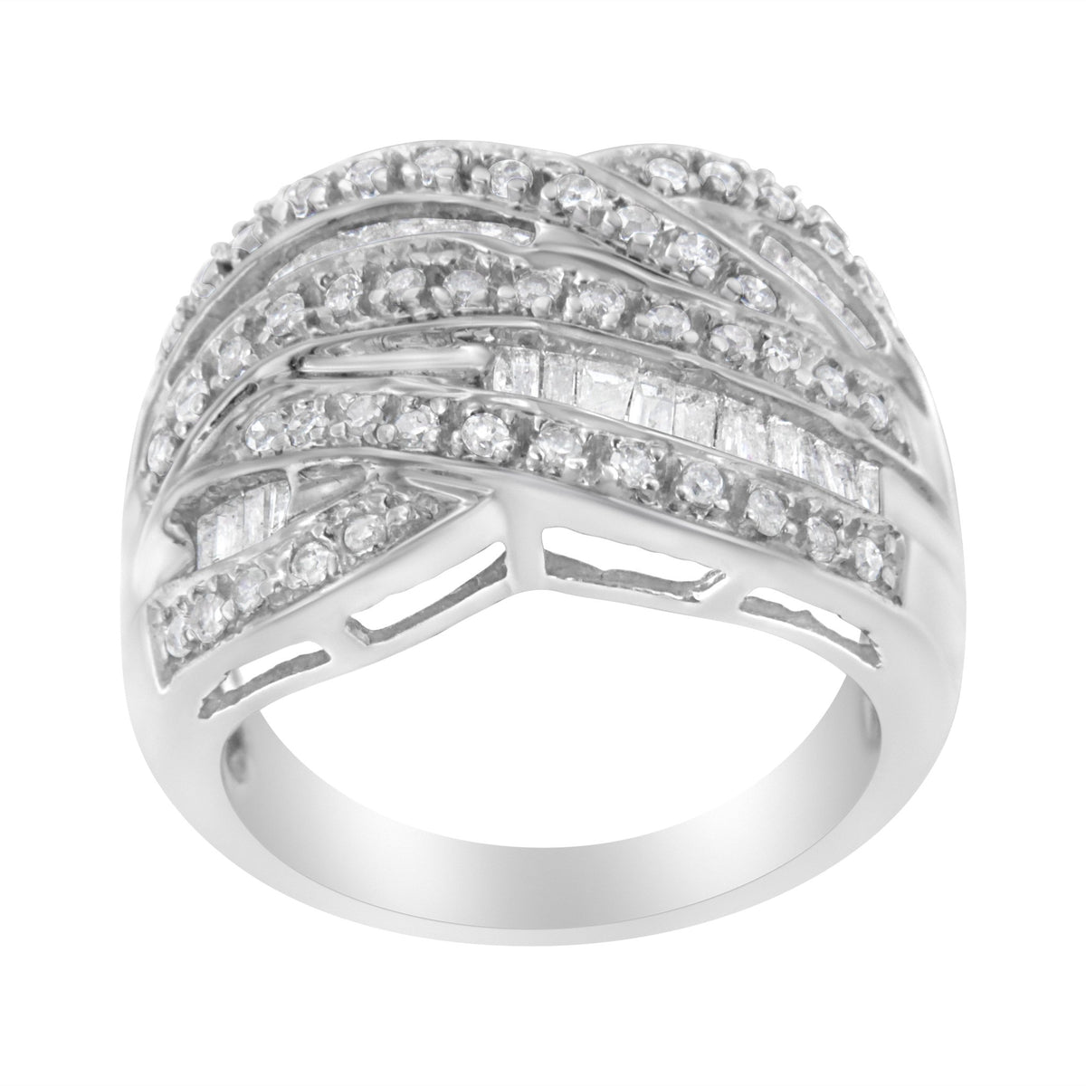 .925 Sterling Silver 1.0 Cttw Channel Set Alternating Round and Baguette Diamond Cross-over Bypass Ring Band (I-J Color, I2-I3 Clarity) - Size 7 - LinkagejewelrydesignLinkagejewelrydesign