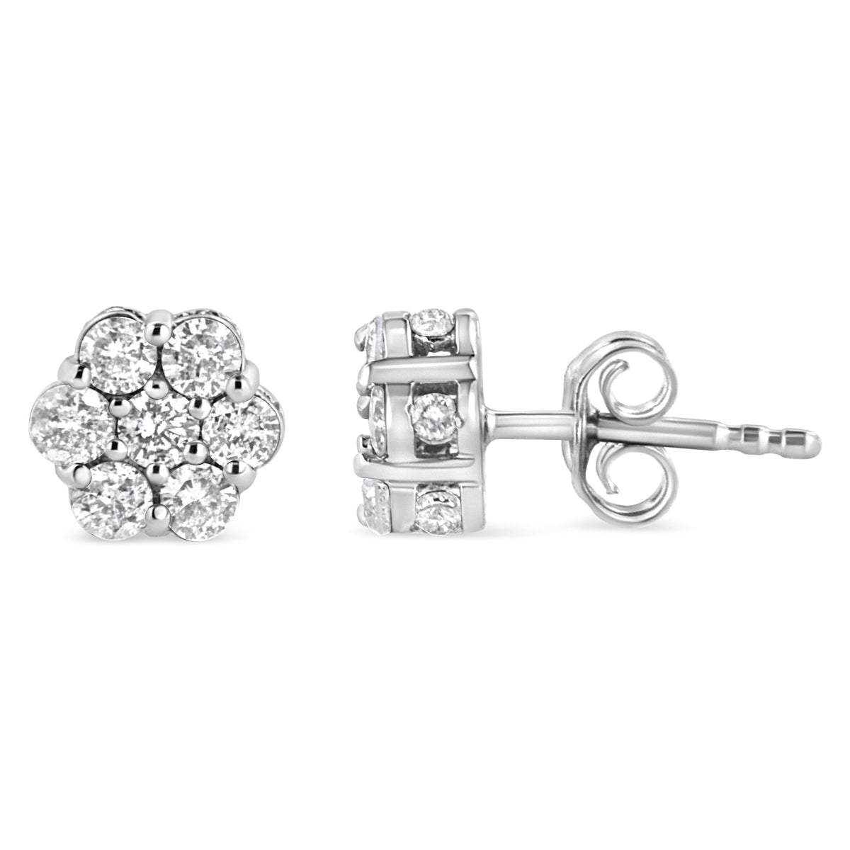 .925 Sterling Silver 1.0 Cttw Diamond Cluster 7 Stone Floral Stud Earring (I-J Color, I1-I2 Clarity) - LinkagejewelrydesignLinkagejewelrydesign