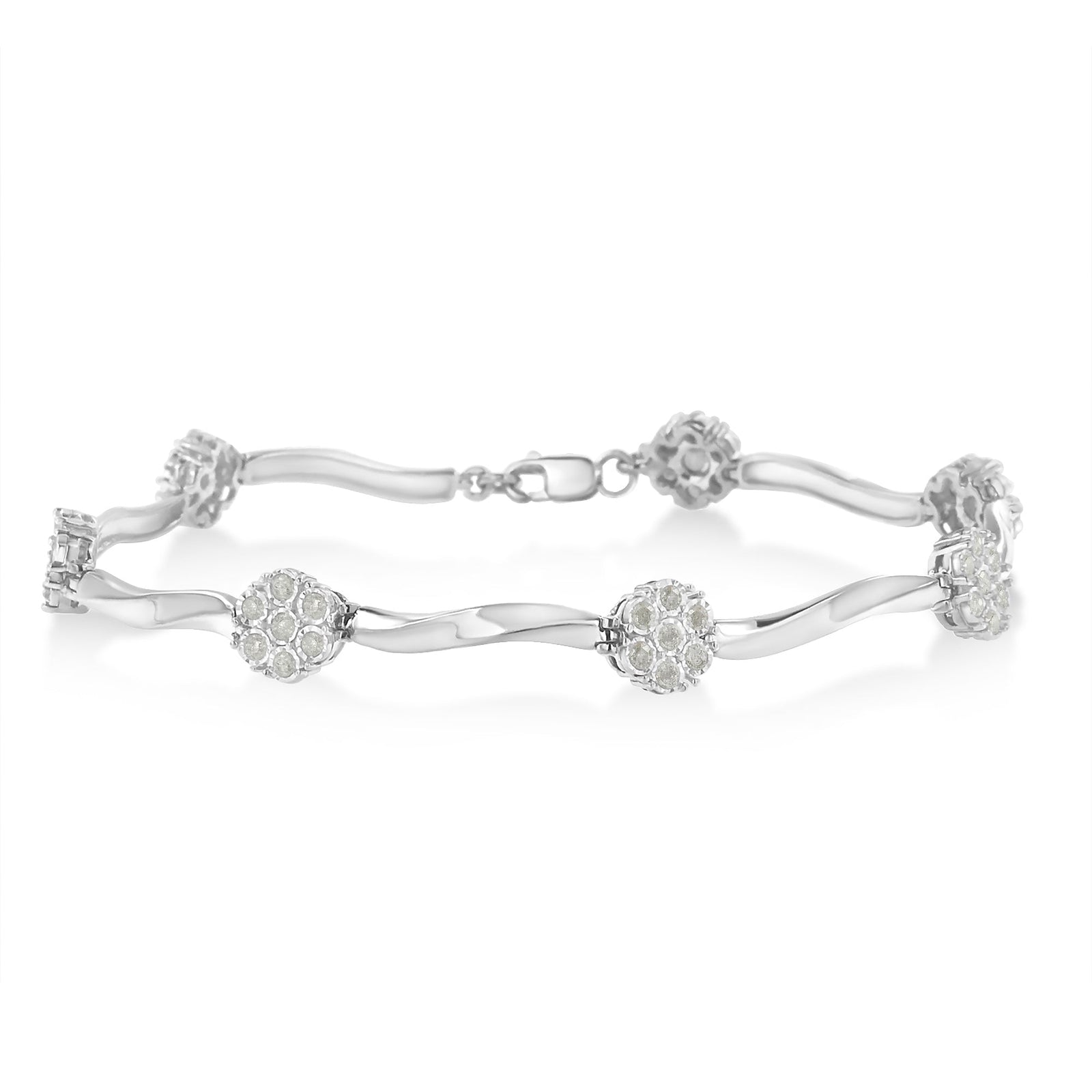 .925 Sterling Silver 1.0 Cttw Diamond Cluster Miracle-Set Station & Twisted Bar 7" Tennis Bracelet (H-I Color, I1-I2 Clarity) - LinkagejewelrydesignLinkagejewelrydesign