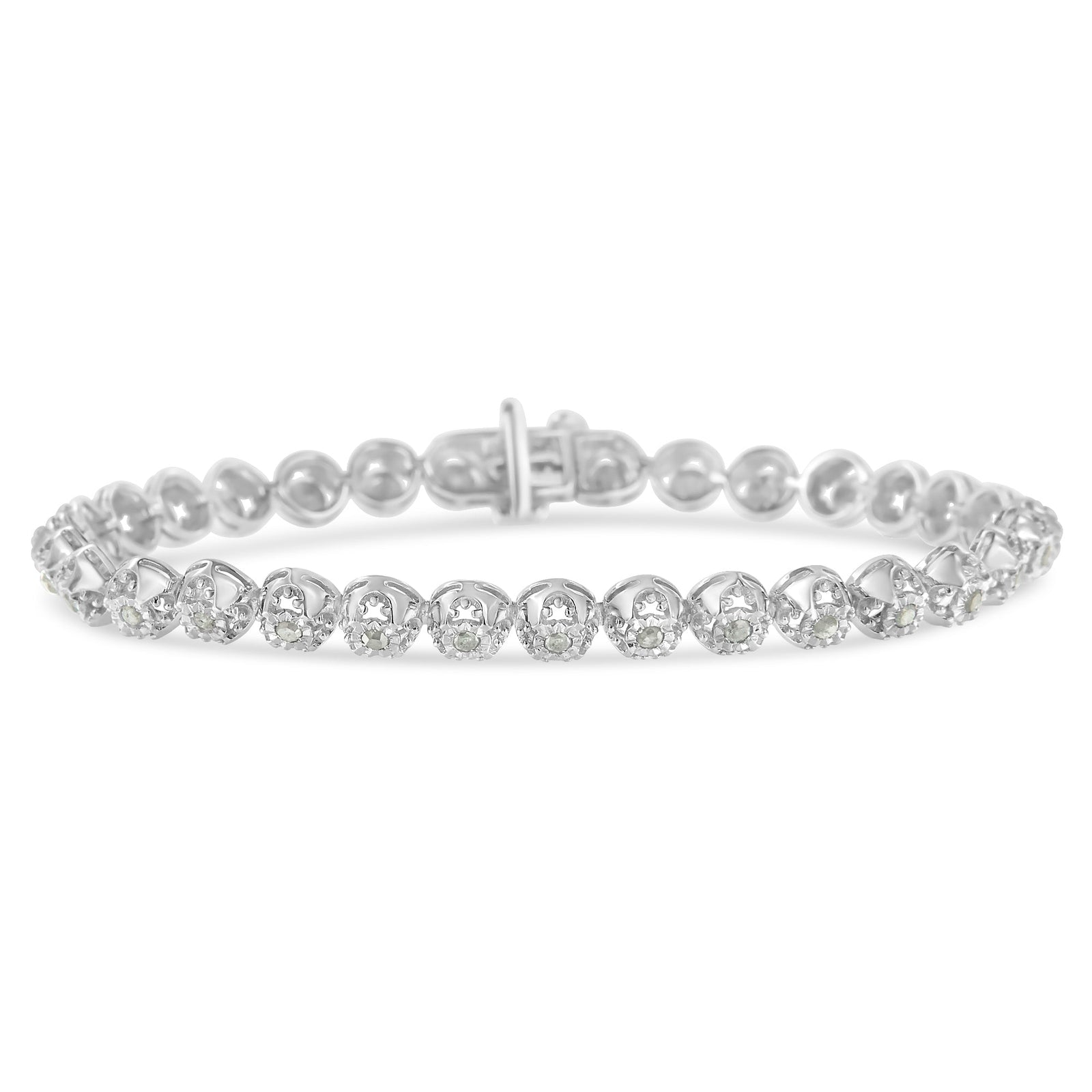 .925 Sterling Silver 1.0 Cttw Diamond Miracle-Plate Open Quatrefoil Flower Circle-Link 7" Tennis Bracelet (I-J color, I3 clarity) - LinkagejewelrydesignLinkagejewelrydesign