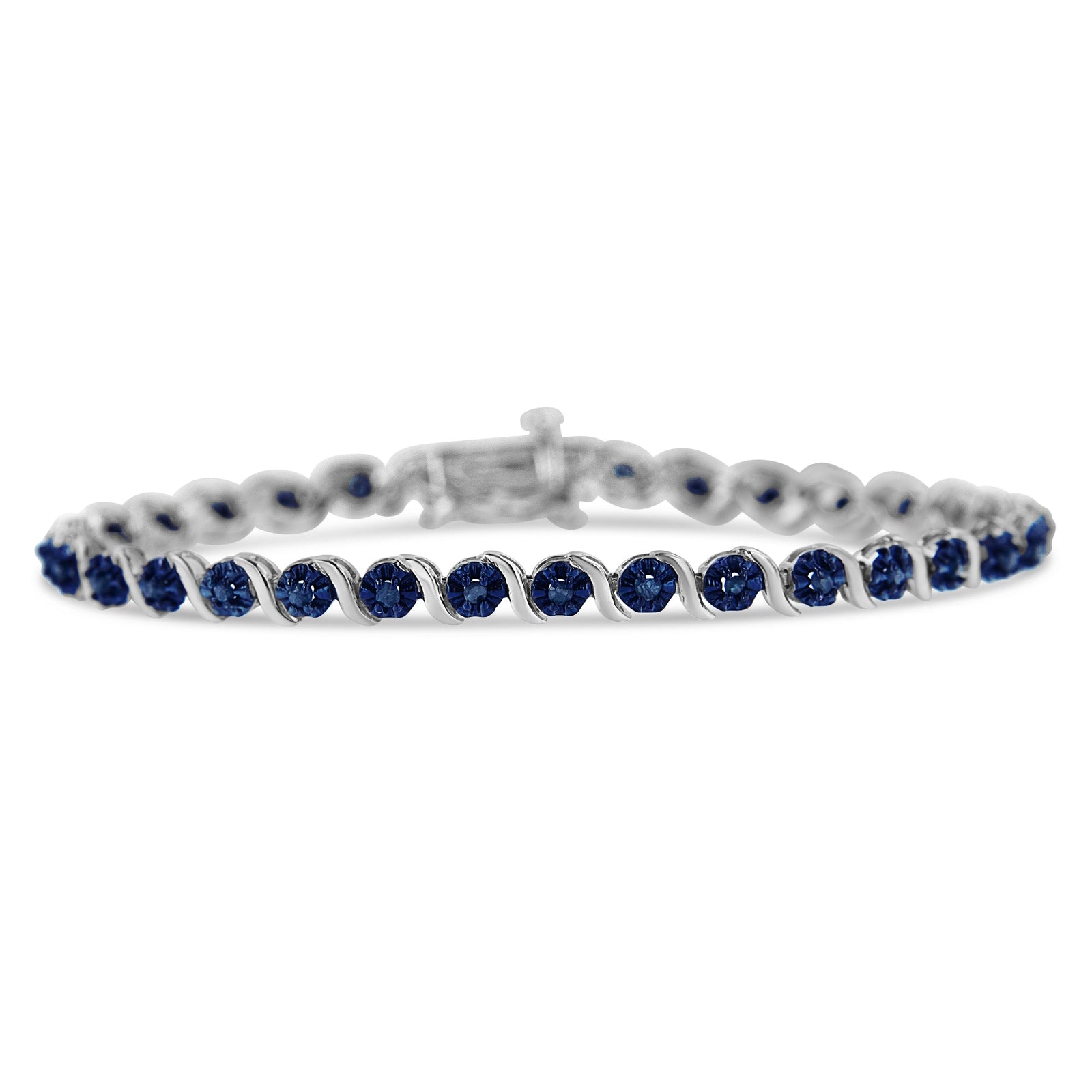 .925 Sterling Silver 1.0 Cttw Diamond Spiral Wave Curved-Link 7" Tennis Bracelet (Enhanced Blue Color, I1-I2 Clarity) - LinkagejewelrydesignLinkagejewelrydesign