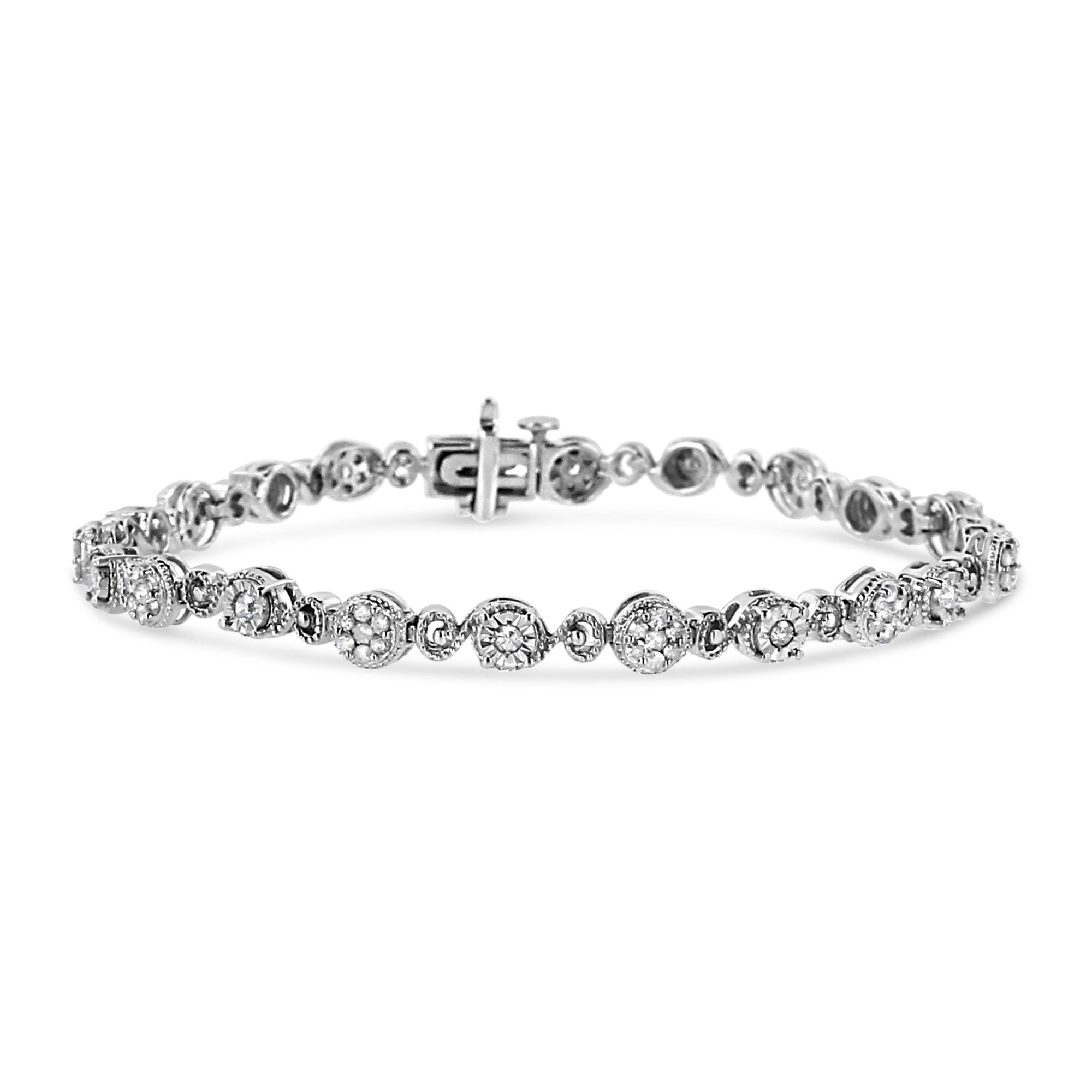 .925 Sterling Silver 1.0 Cttw Diamond Swirl Beaded Link Bracelet (I-J Color, I3-Promo Clarity) - 7.25" Inches - LinkagejewelrydesignLinkagejewelrydesign